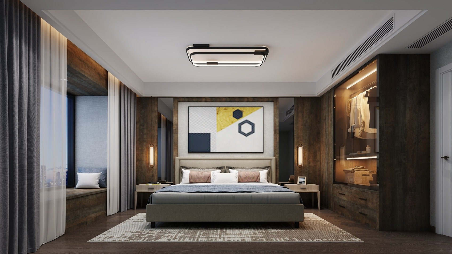 Brown wood laminate used on bedroom walls and floor with modern decor and lighting creating a cozy atmosphere