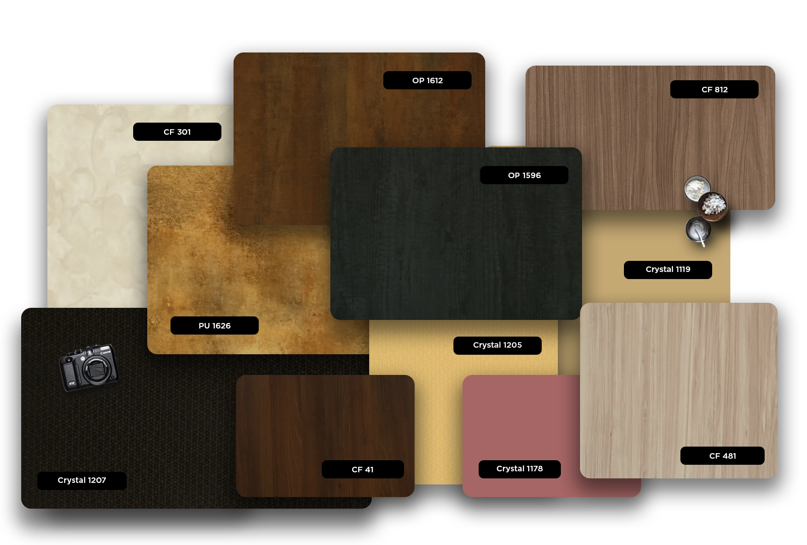 Multi-coloured wood grain laminate with matte finish and visible texture, showcasing various wood patterns and colours.