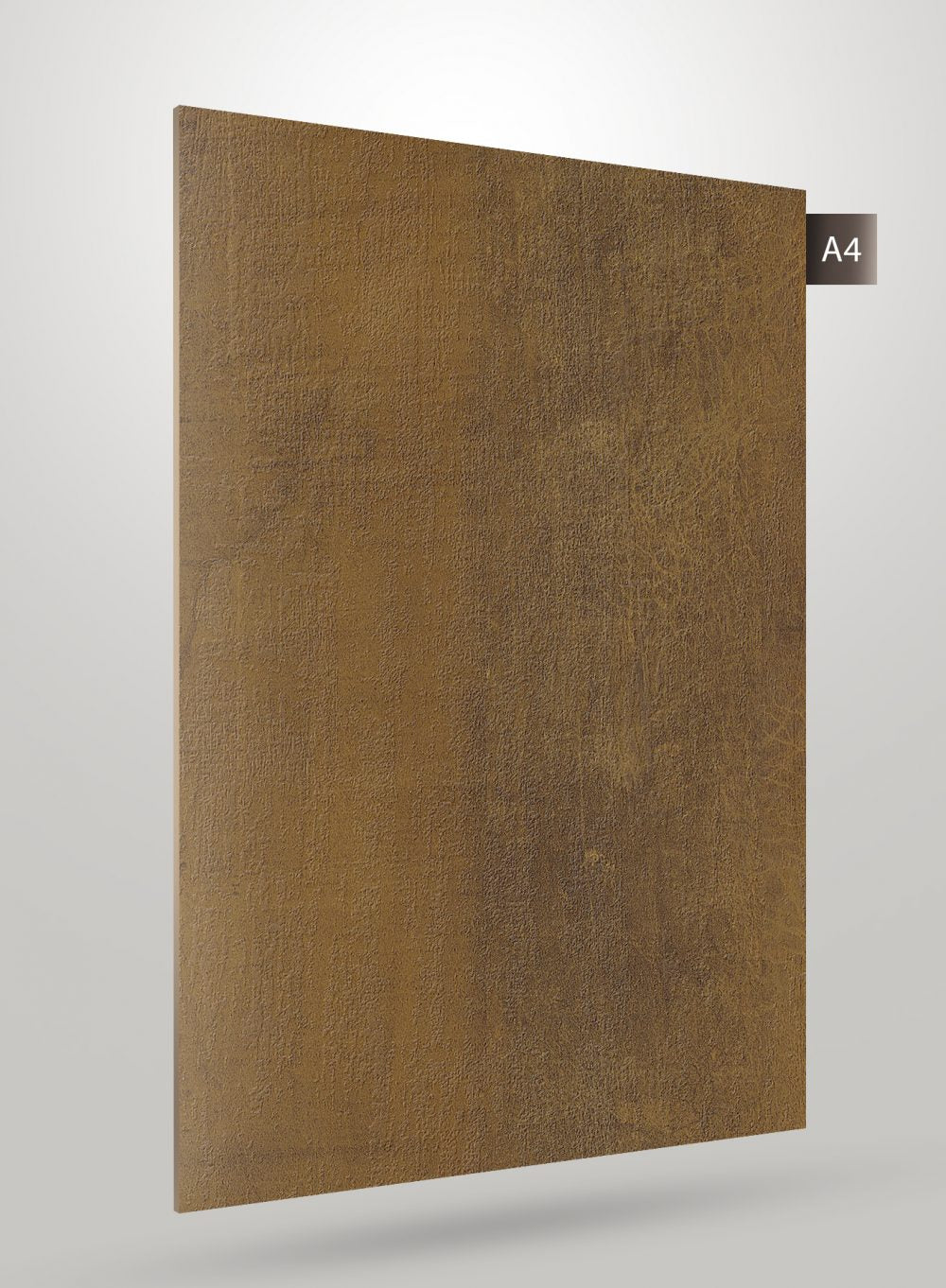 Brown matte decorative laminate with textured finish and subtle pattern, showing thickness edge and labelled A4.