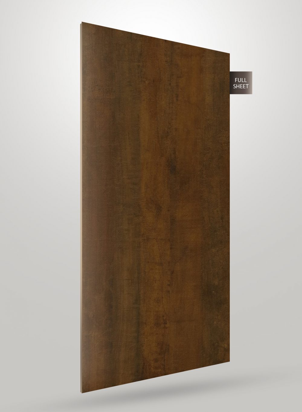Brown wood grain decorative laminate sheet with matte finish and visible texture, displayed as full sheet.