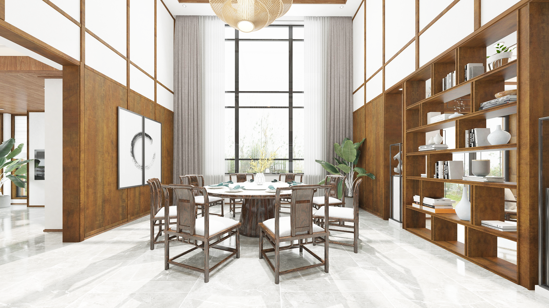 Wood grain decorative laminate with matte finish used on walls and furniture in modern dining room interior