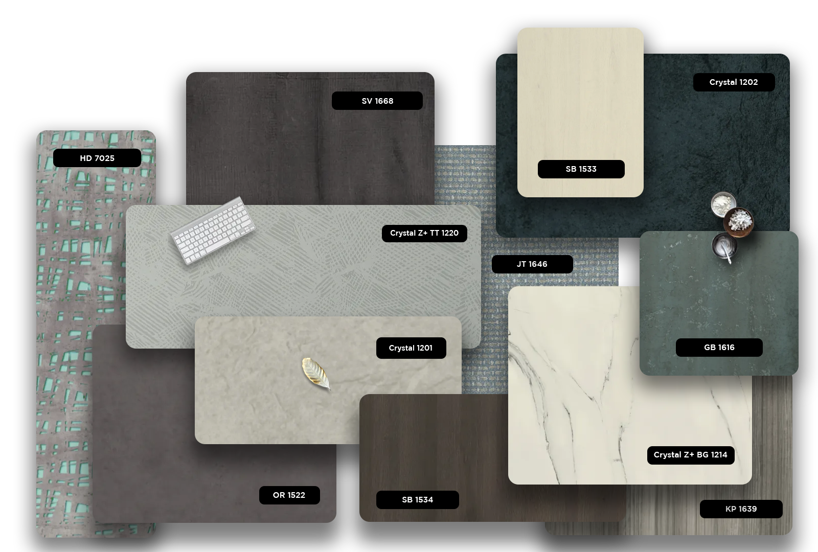 Grey marble laminate with matte finish and various texture samples displayed in a collage.