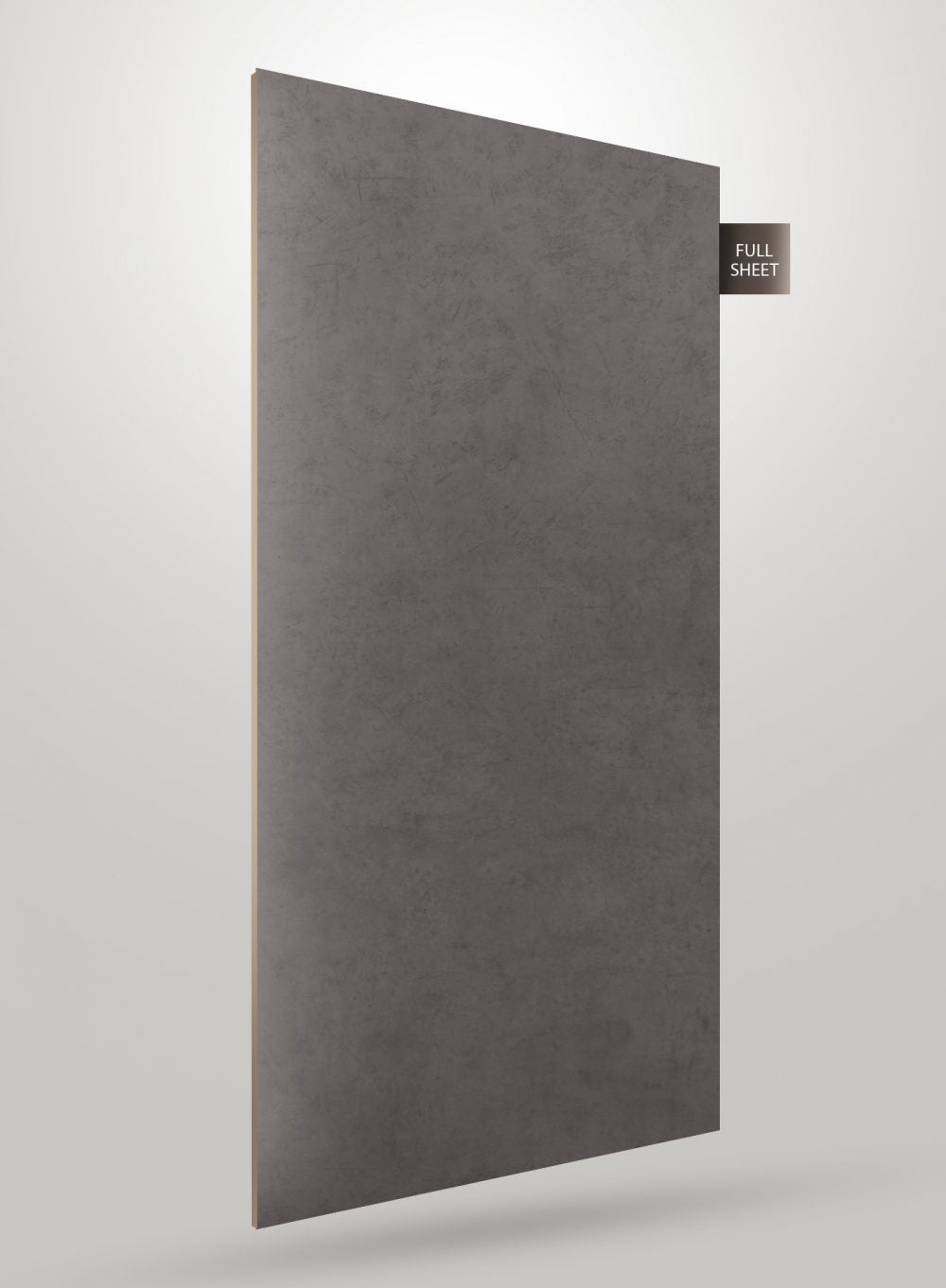 Matte grey laminate sheet with textured finish and subtle pattern, displayed as full sheet with visible edge.