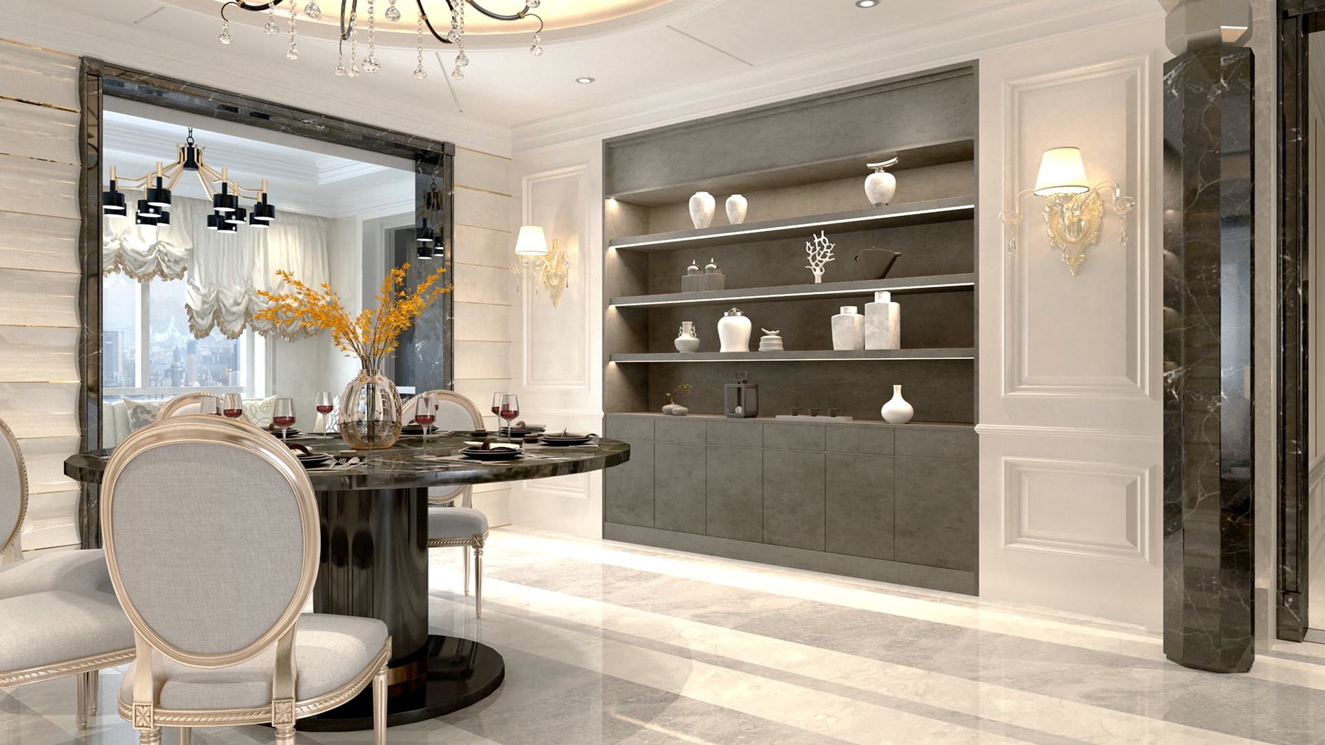 Grey marble laminate in luxurious dining room with matte finish and veined pattern on walls and table.