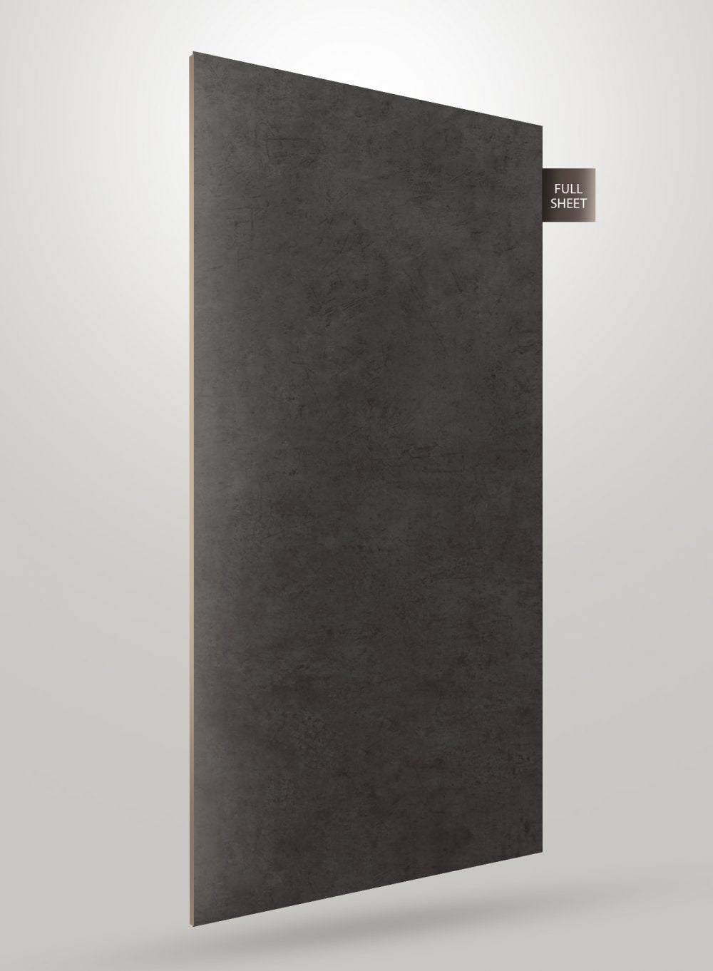 Grey matte laminate sheet with stone pattern and subtle texture, displayed as full sheet with visible edge