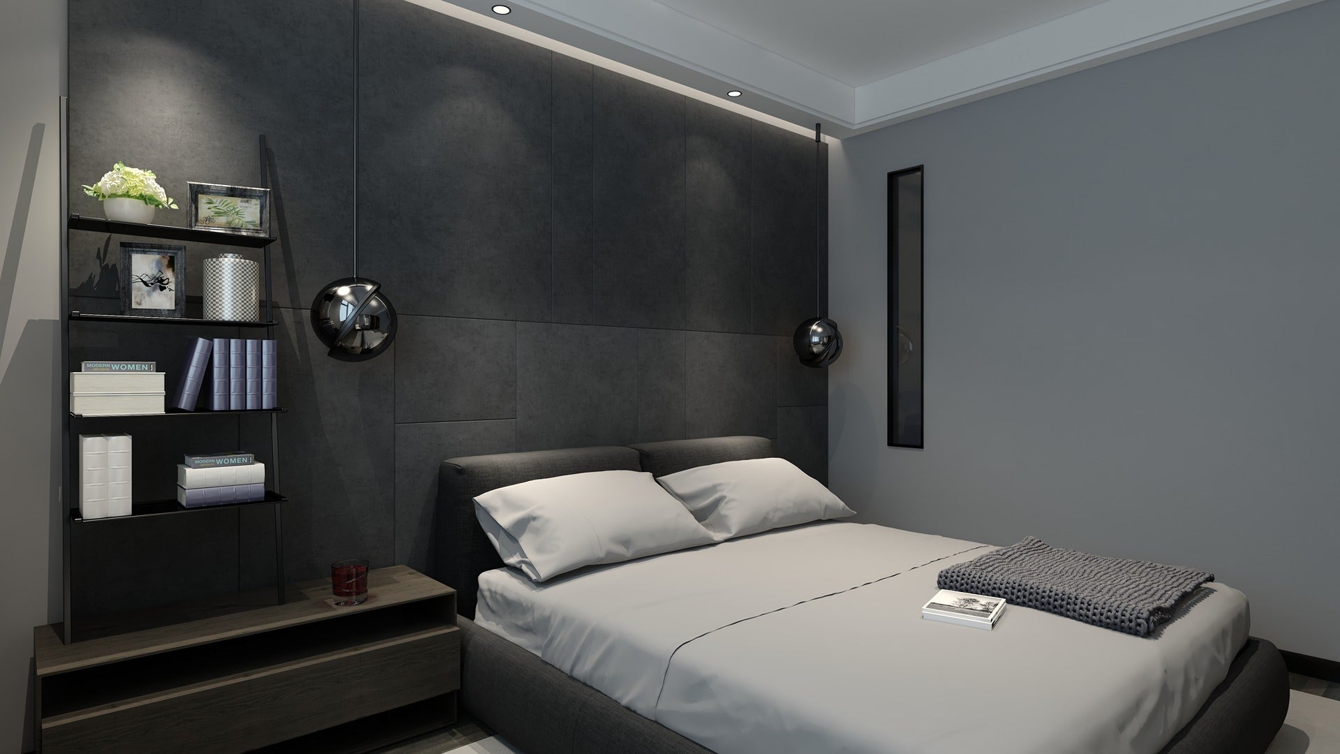 Grey matte stone laminate wall panel in modern bedroom with dark grey bed and decorative shelf unit and lighting.