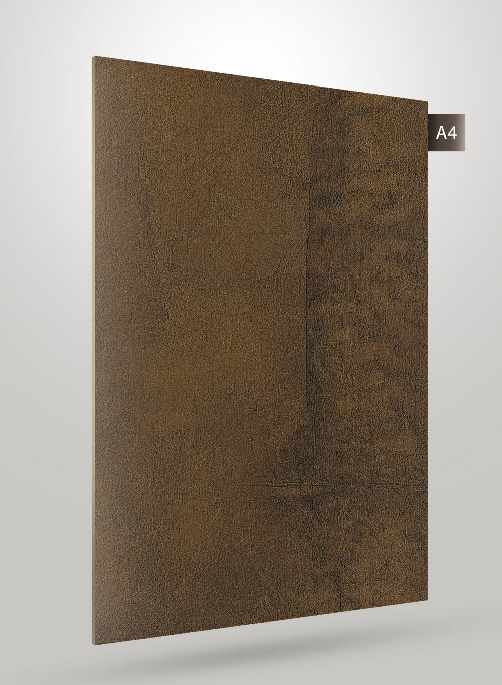 Brown matte laminate sheet with textured stone pattern and subtle veining, shown at an angle with sample label A4.