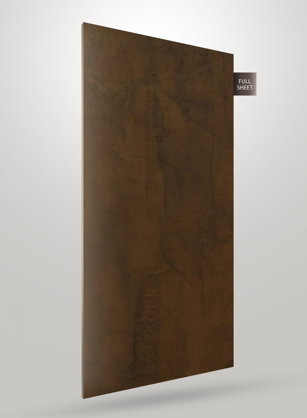 Brown matte marble laminate sheet with textured finish and subtle veining, labeled full sheet on a plain background.