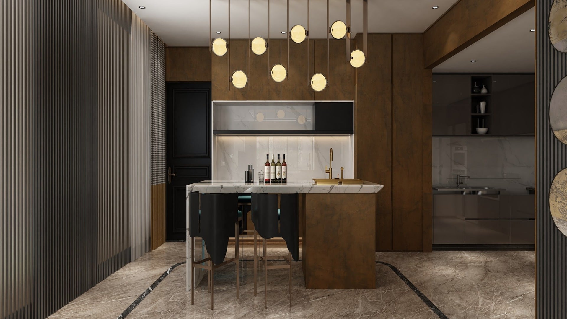 Brown laminate kitchen with marble countertop and modern lighting, showcasing decorative laminate usage in interior design