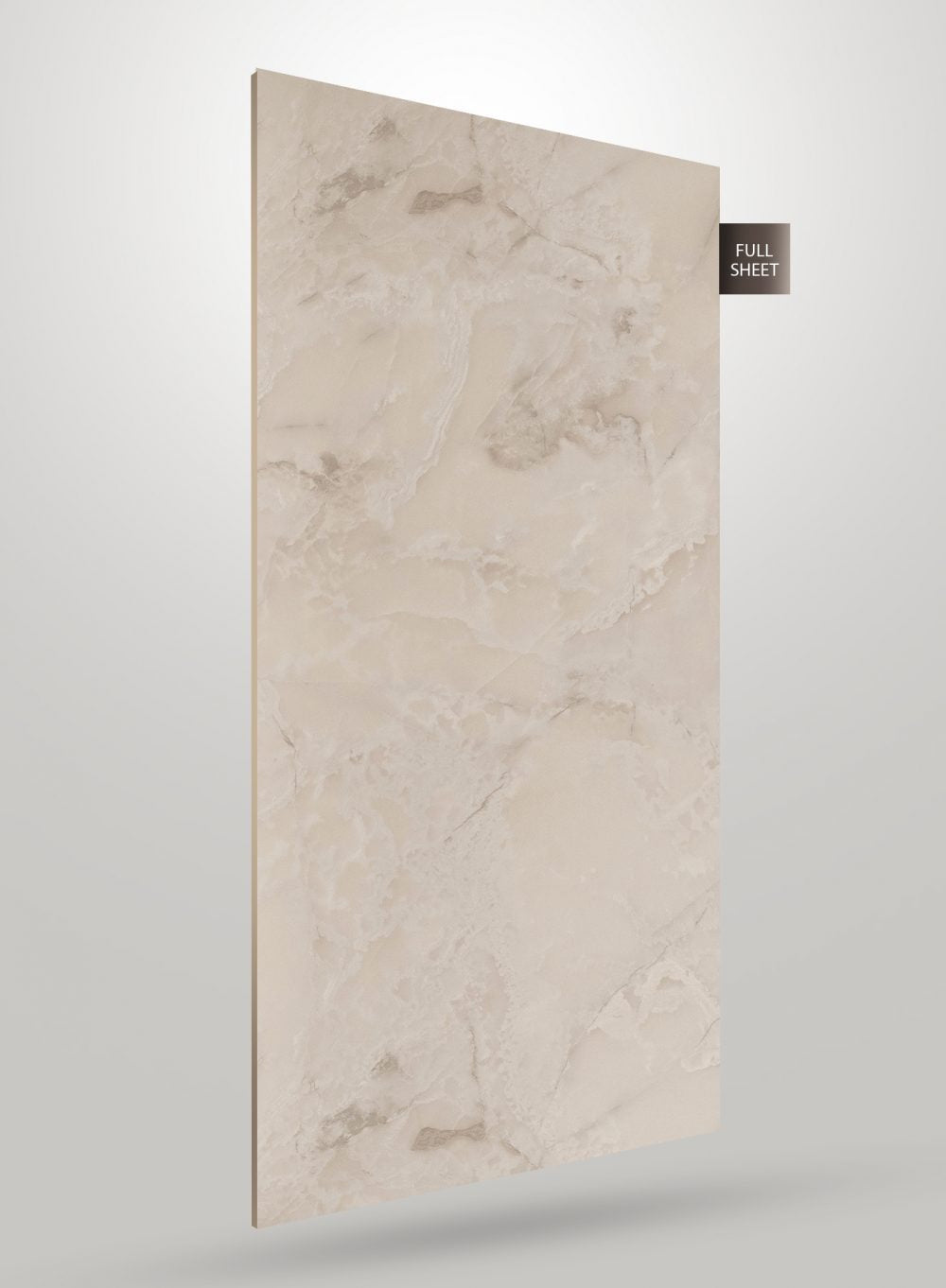 Beige marble laminate sheet with matte finish and veining pattern, labeled full sheet on a gray background.