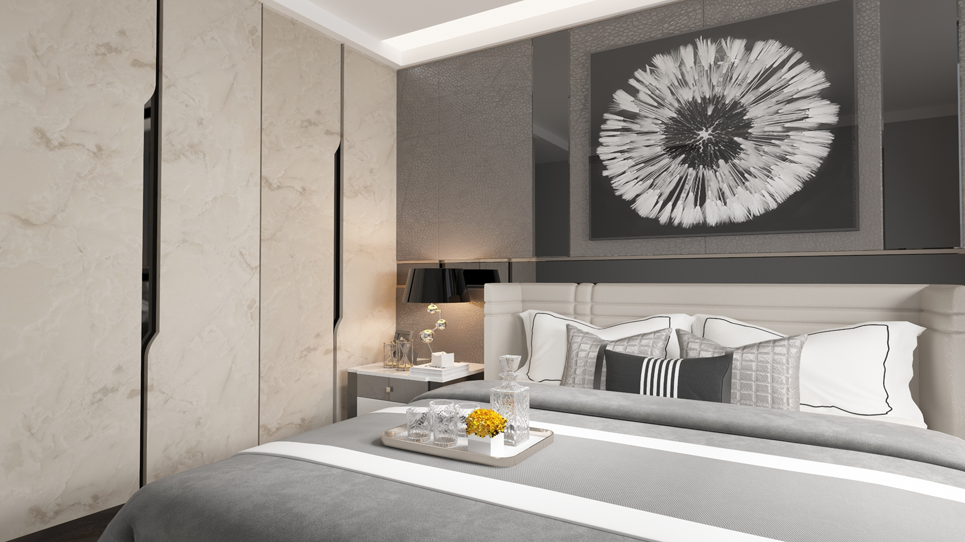 Beige marble laminate wall panels with matte finish and subtle veining in a modern bedroom setting with gray accents