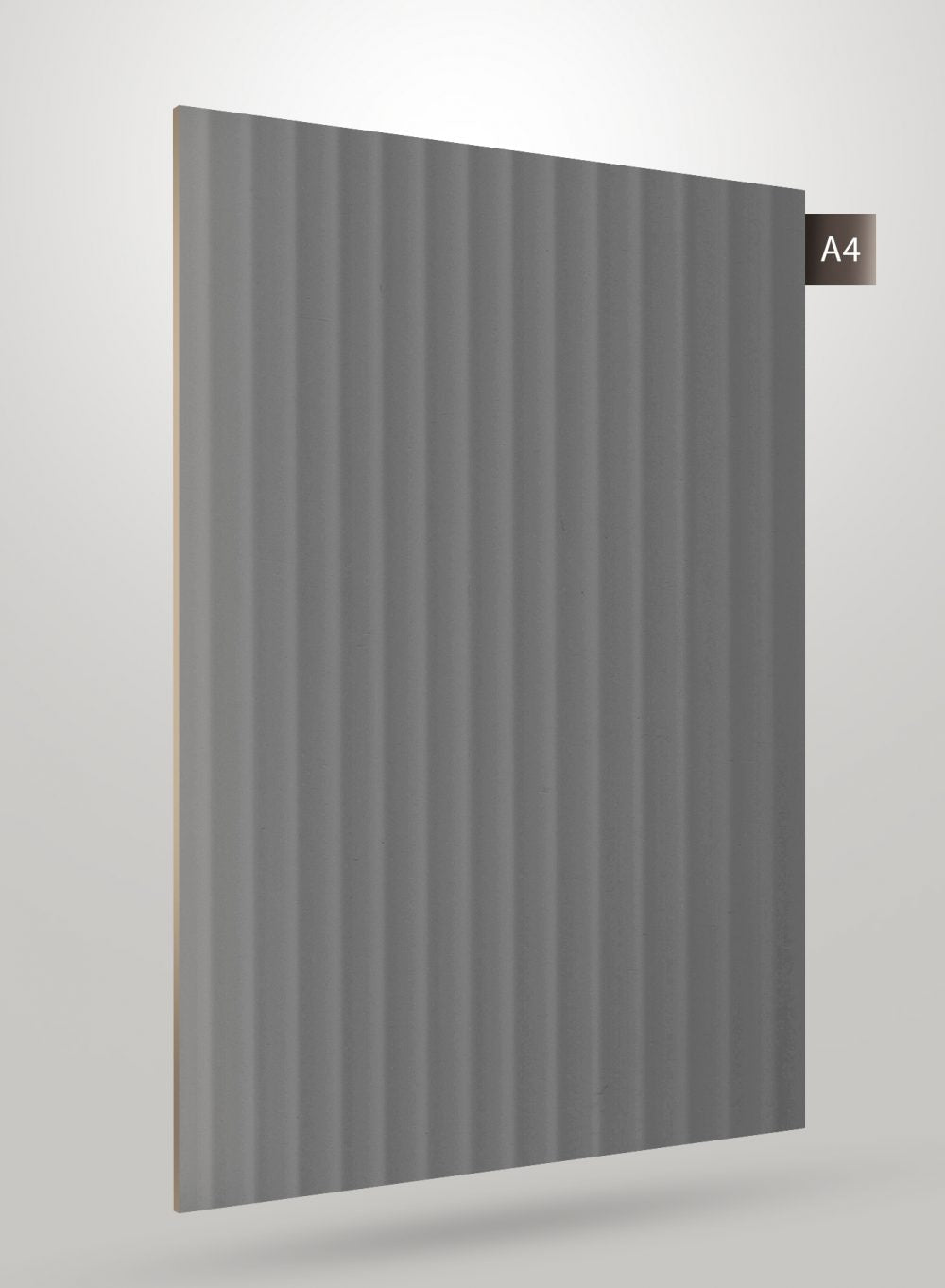 Grey fluted laminate with high gloss finish and vertical ridges, showcasing decorative texture and sheen.