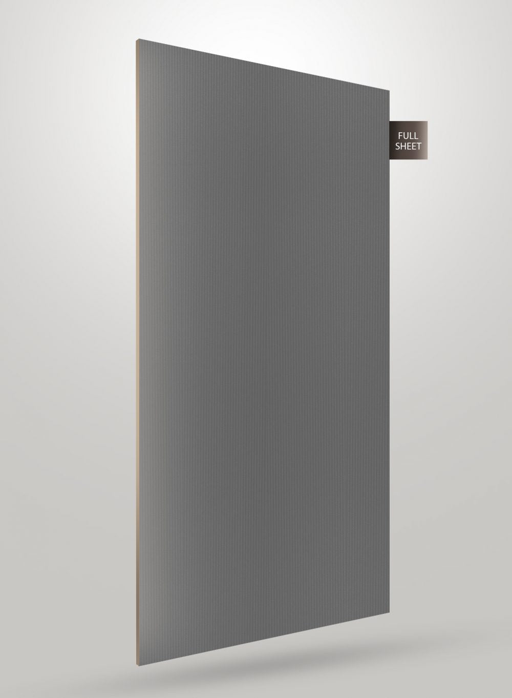 Grey fluted decorative laminate with high gloss finish and vertical ridges on full sheet surface