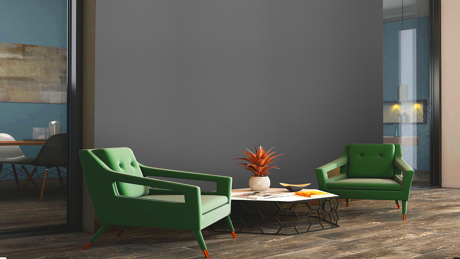 Grey fluted laminate wall with high gloss finish in modern living room with green chairs and coffee table.