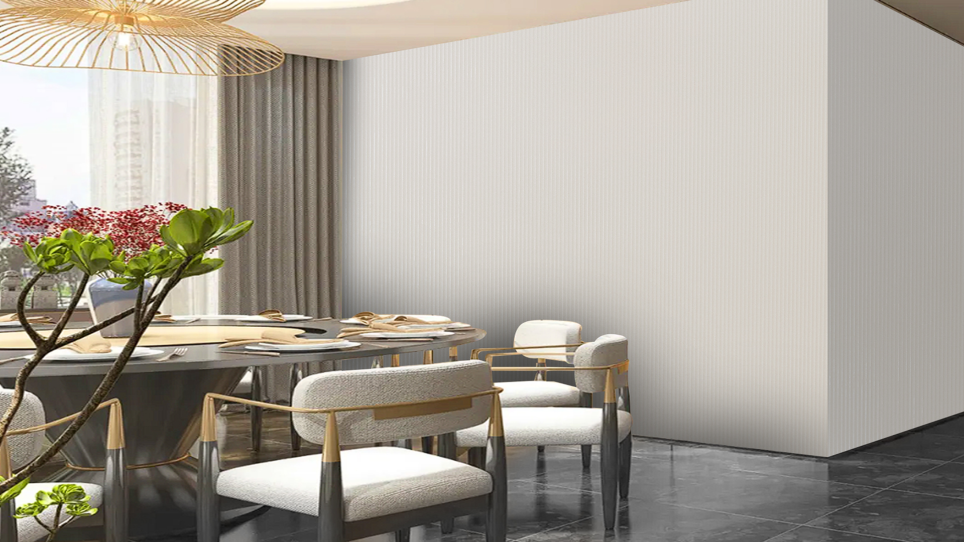 Ivory fluted laminate wall with high gloss finish in modern dining room setting with minimalist decor and sleek furniture.