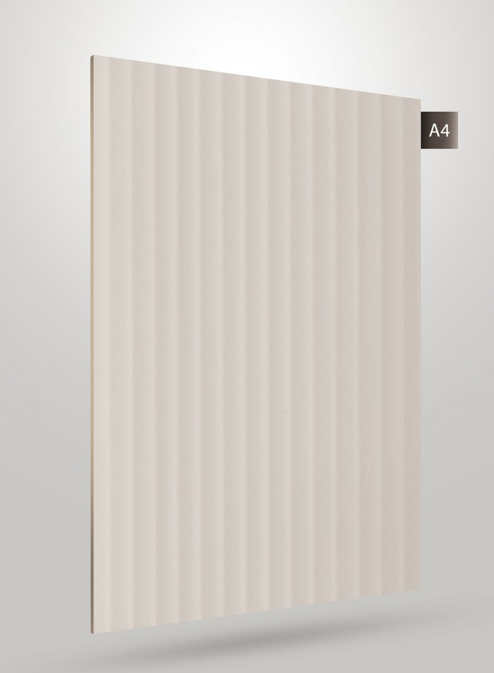 Beige fluted decorative laminate with glossy finish and vertical ridges, showcasing a smooth texture and subtle sheen.