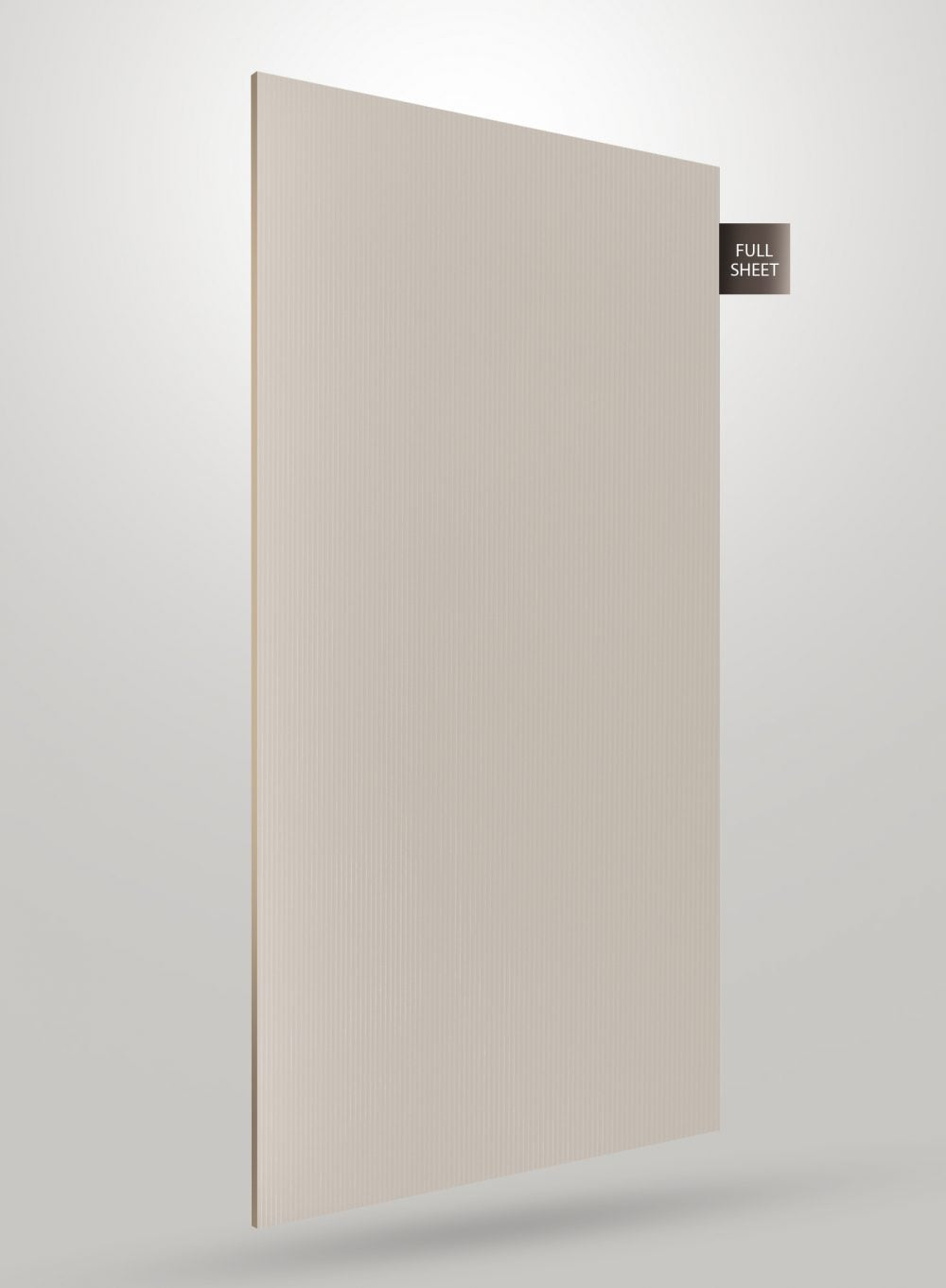 Beige fluted decorative laminate with high gloss finish and vertical texture pattern on full sheet surface.