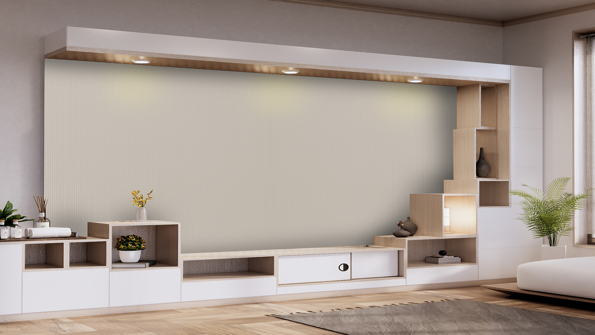 Beige fluted laminate wall with high gloss finish in modern room setting with shelving units and decorative items