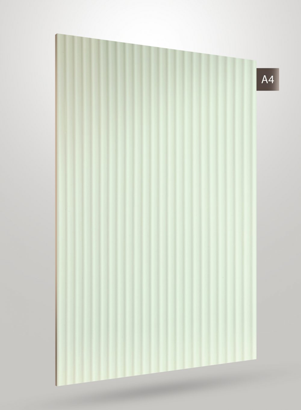 Green decorative laminate with fluted pattern and glossy finish displayed on a grey background with code label A4.