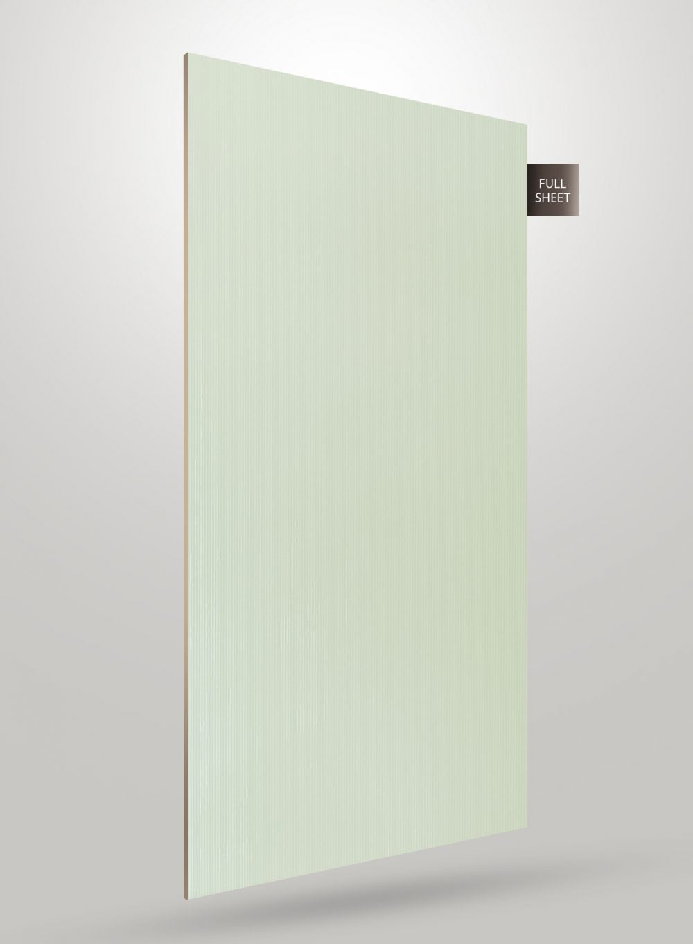 Green decorative laminate sheet with fluted pattern and glossy finish displayed upright with full sheet label on corner.