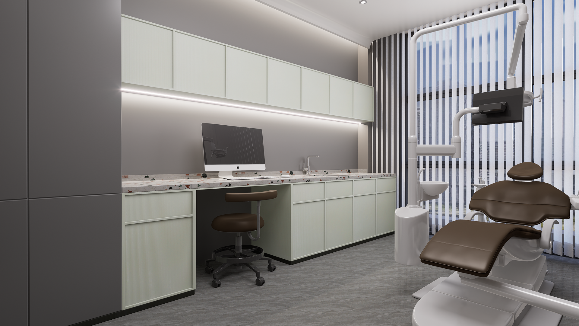 Green fluted laminate wall with high gloss finish in a modern dental clinic setting with sleek cabinets and dental chairs