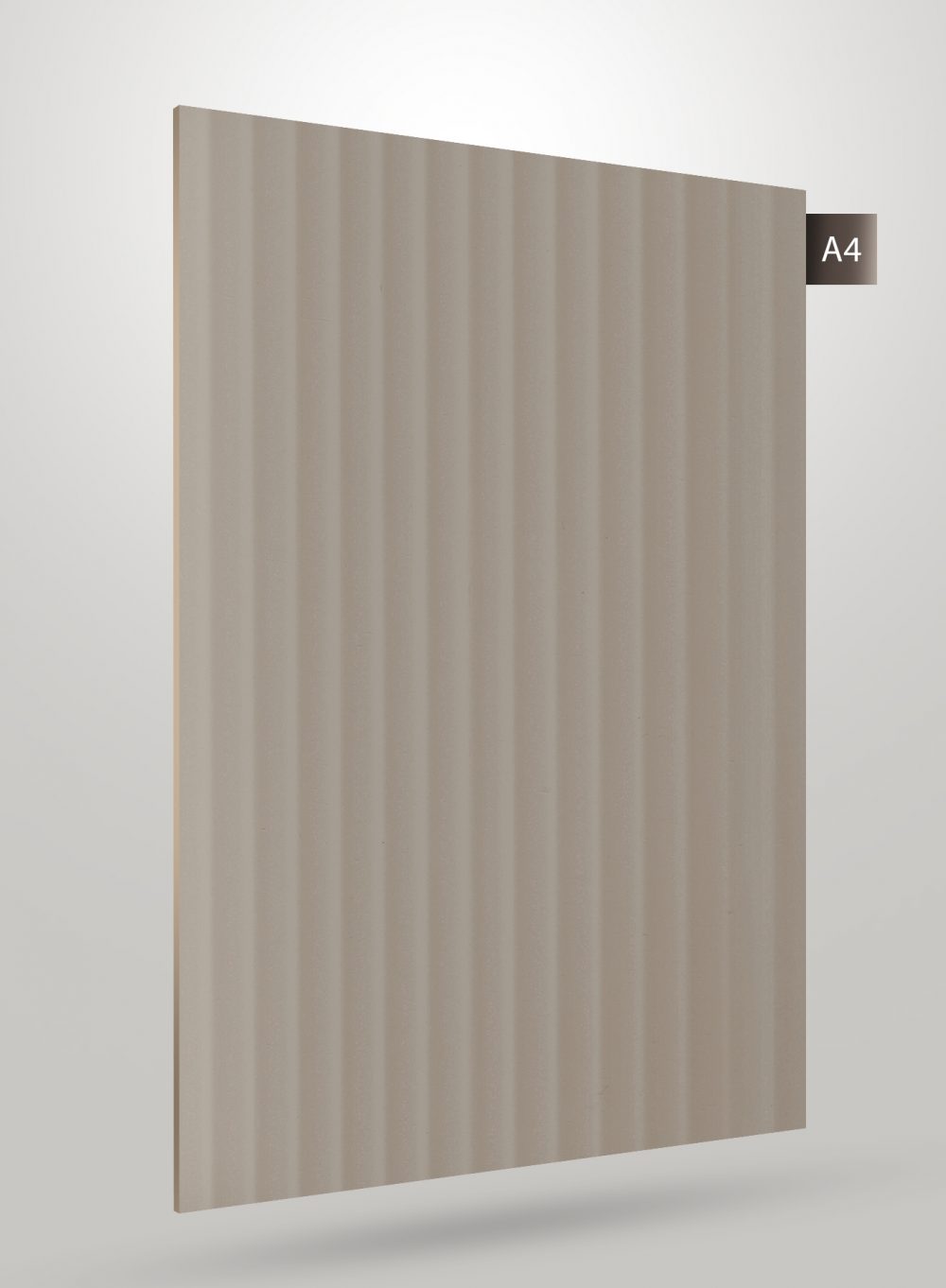 Grey fluted decorative laminate with high gloss finish and vertical ridges, showcasing a smooth surface and subtle sheen.