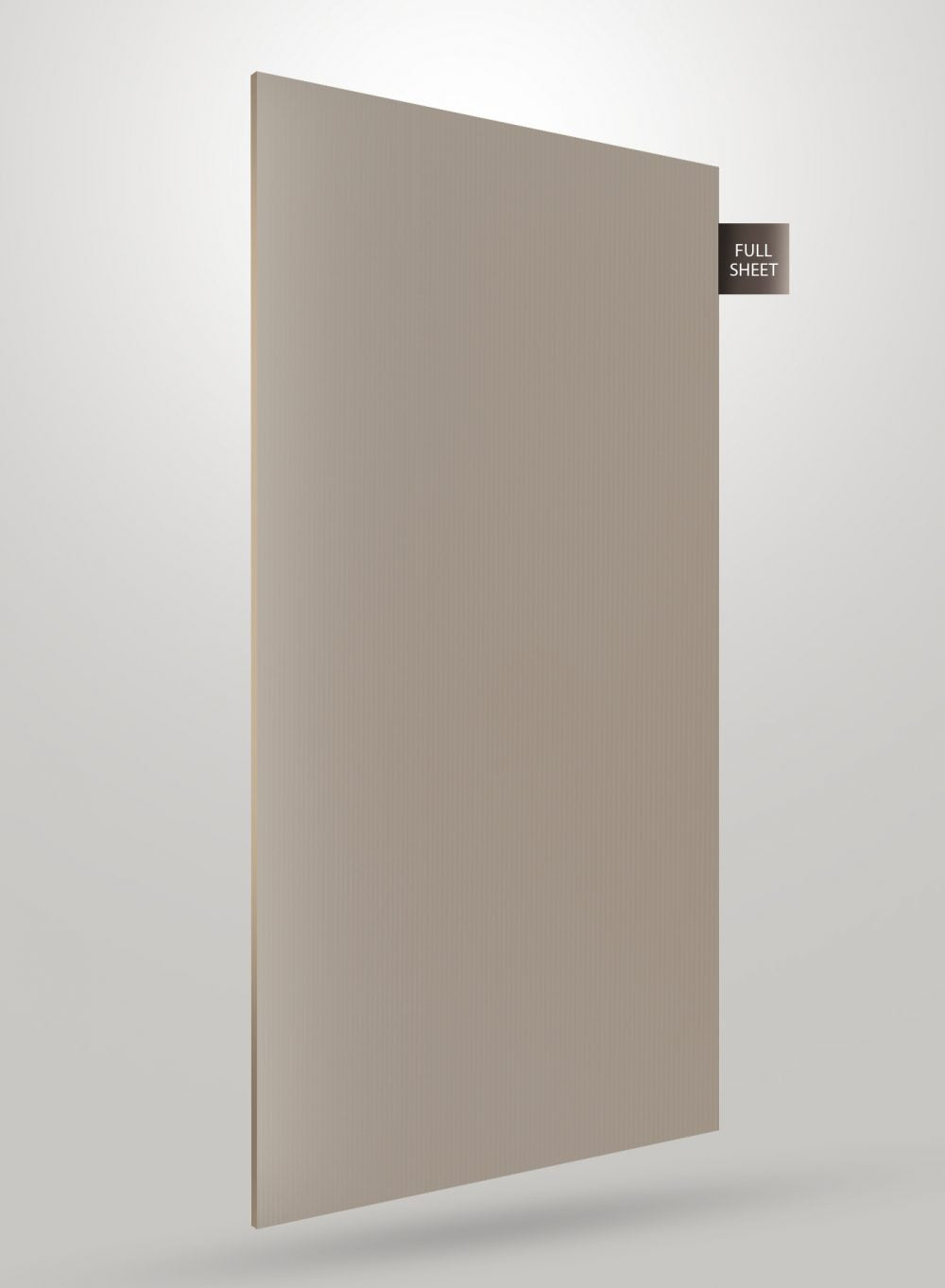 Grey fluted laminate sheet with high gloss finish and subtle vertical texture, displayed as full sheet.