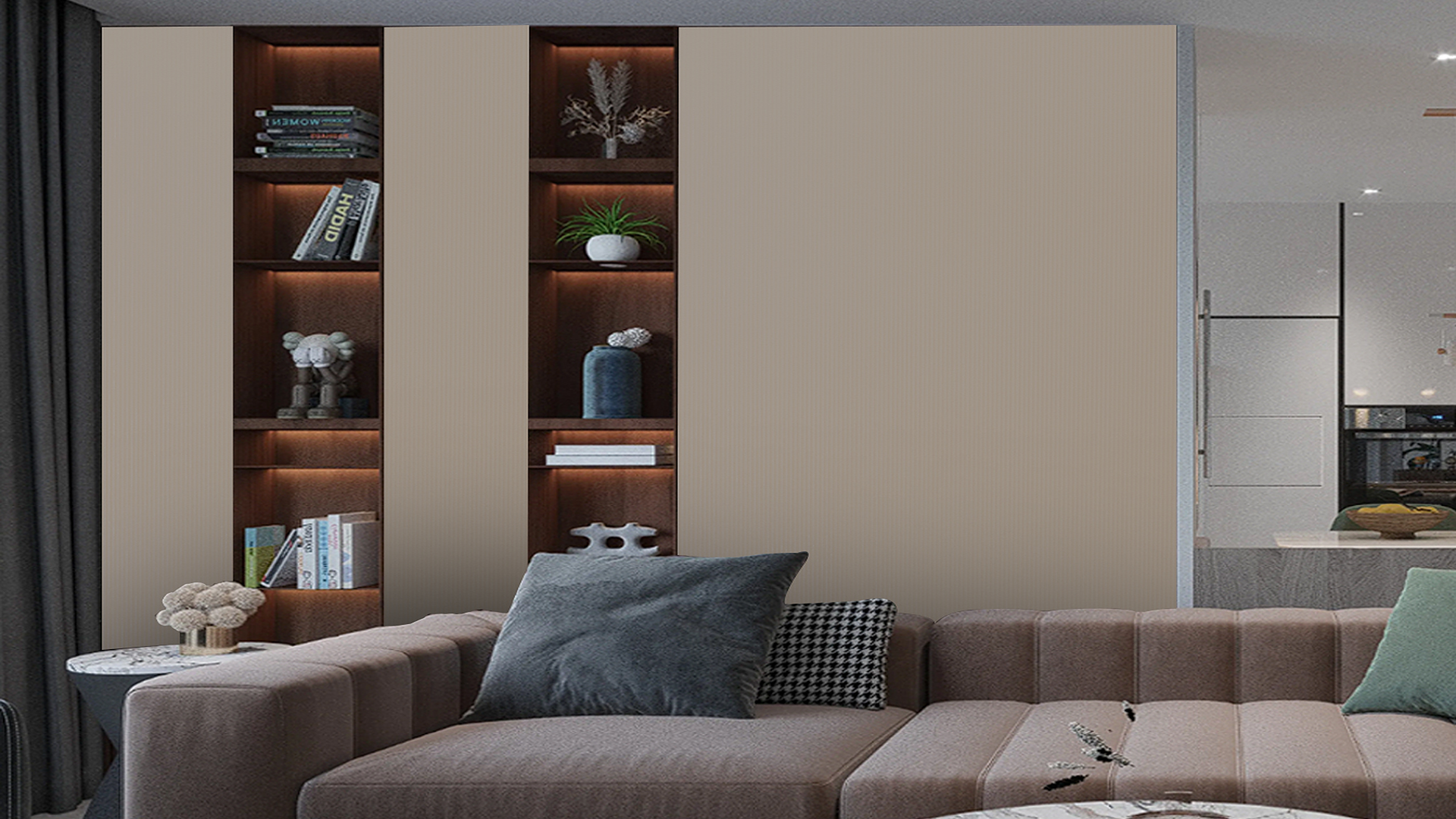 Beige fluted laminate panel with vertical texture on wall adjacent to built-in shelving unit in modern living room interior