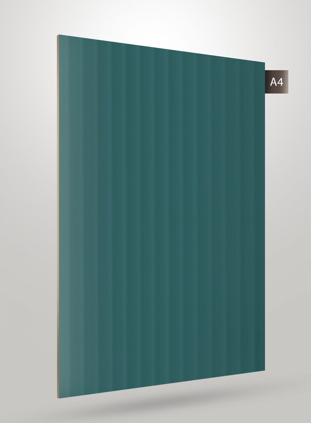 Green decorative laminate with fluted pattern and high gloss finish, showing vertical ridges and shiny surface.
