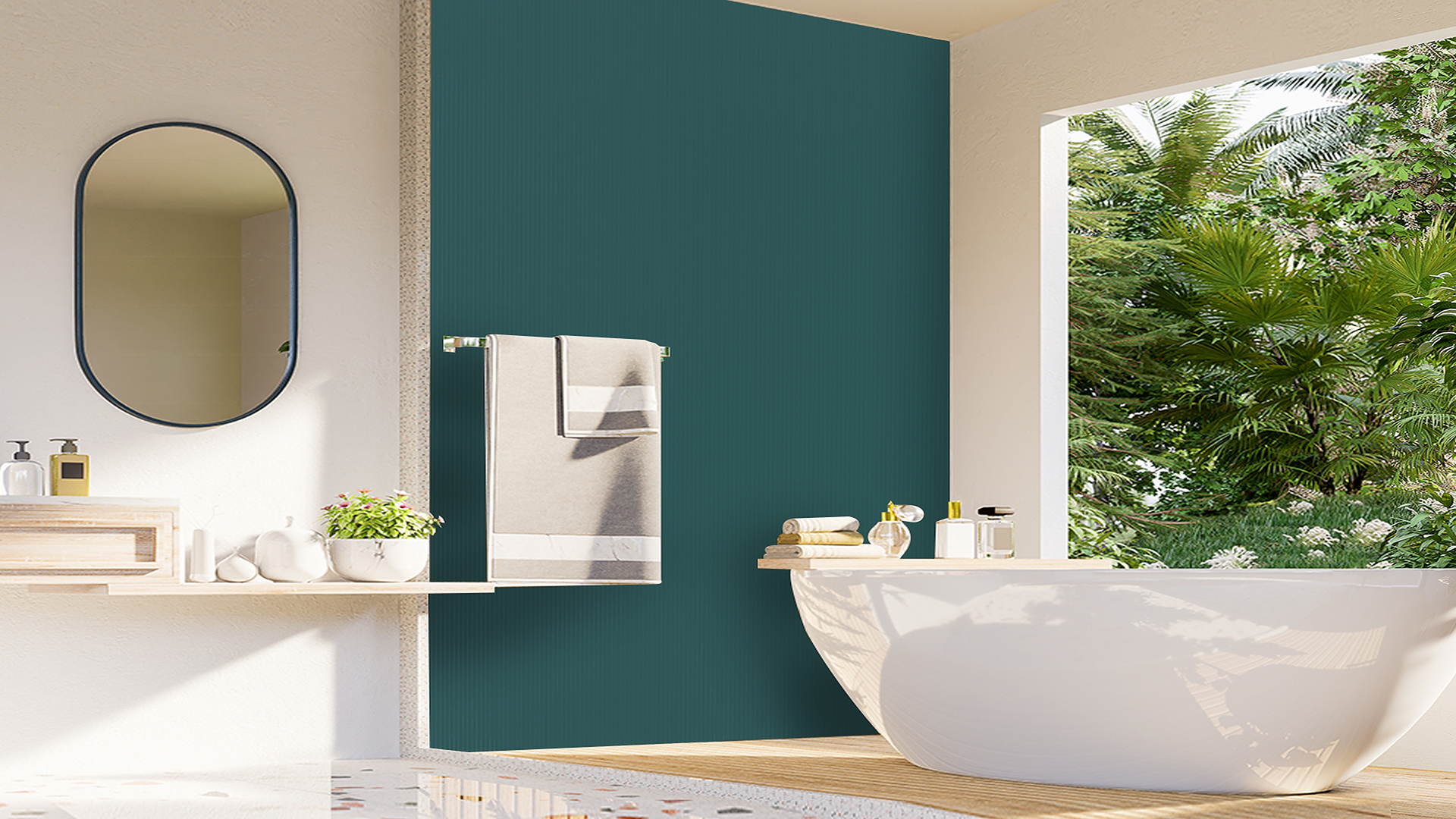 Green fluted laminate wall in modern bathroom with white fixtures and lush greenery outside large window, glossy finish