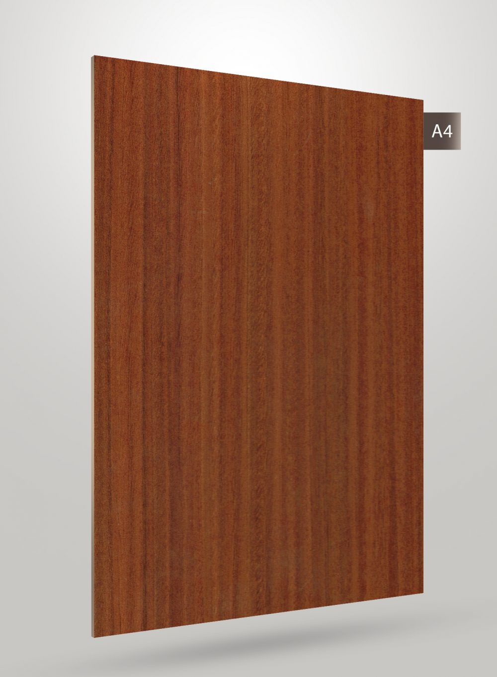 Brown wood grain decorative laminate with glossy finish and vertical wood pattern texture on a square sheet.