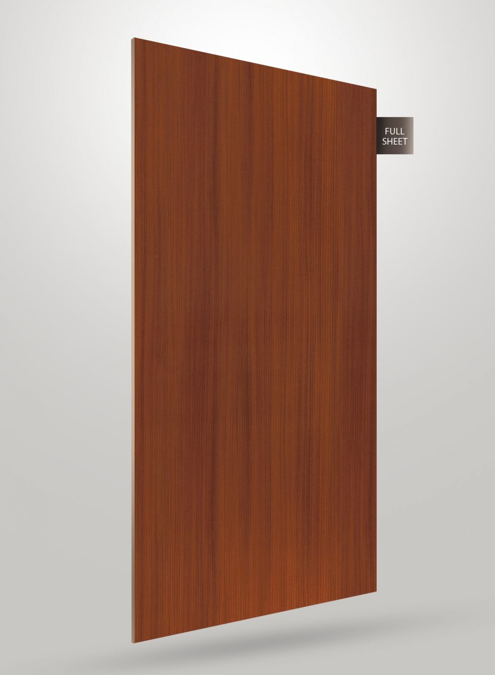Brown wood grain decorative laminate with glossy finish and vertical wood pattern on full sheet