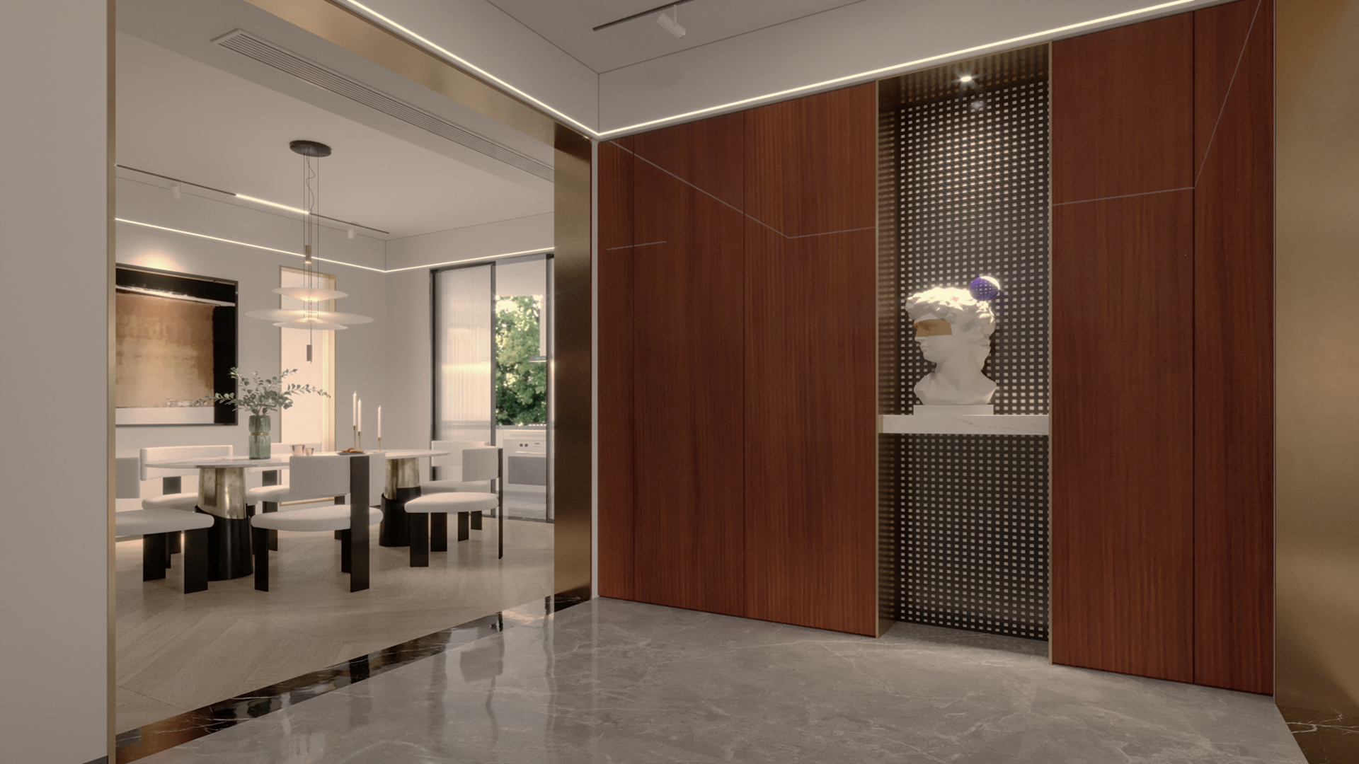 Brown wood grain laminate wall panels with glossy finish in modern interior design setting with dining area visible.