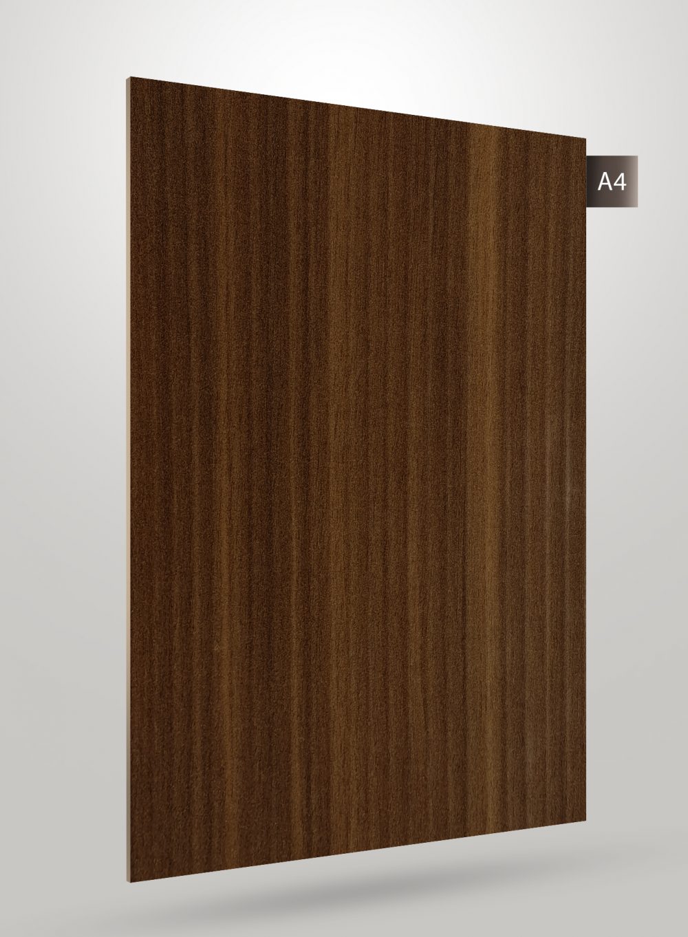 Brown wood grain decorative laminate with high gloss finish and vertical grain pattern, shown on a plain background.