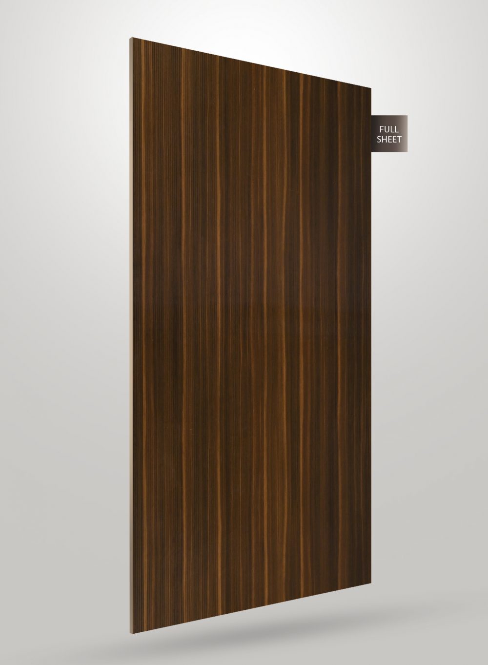 Brown wood grain decorative laminate sheet with glossy finish and vertical striped pattern, labeled full sheet.