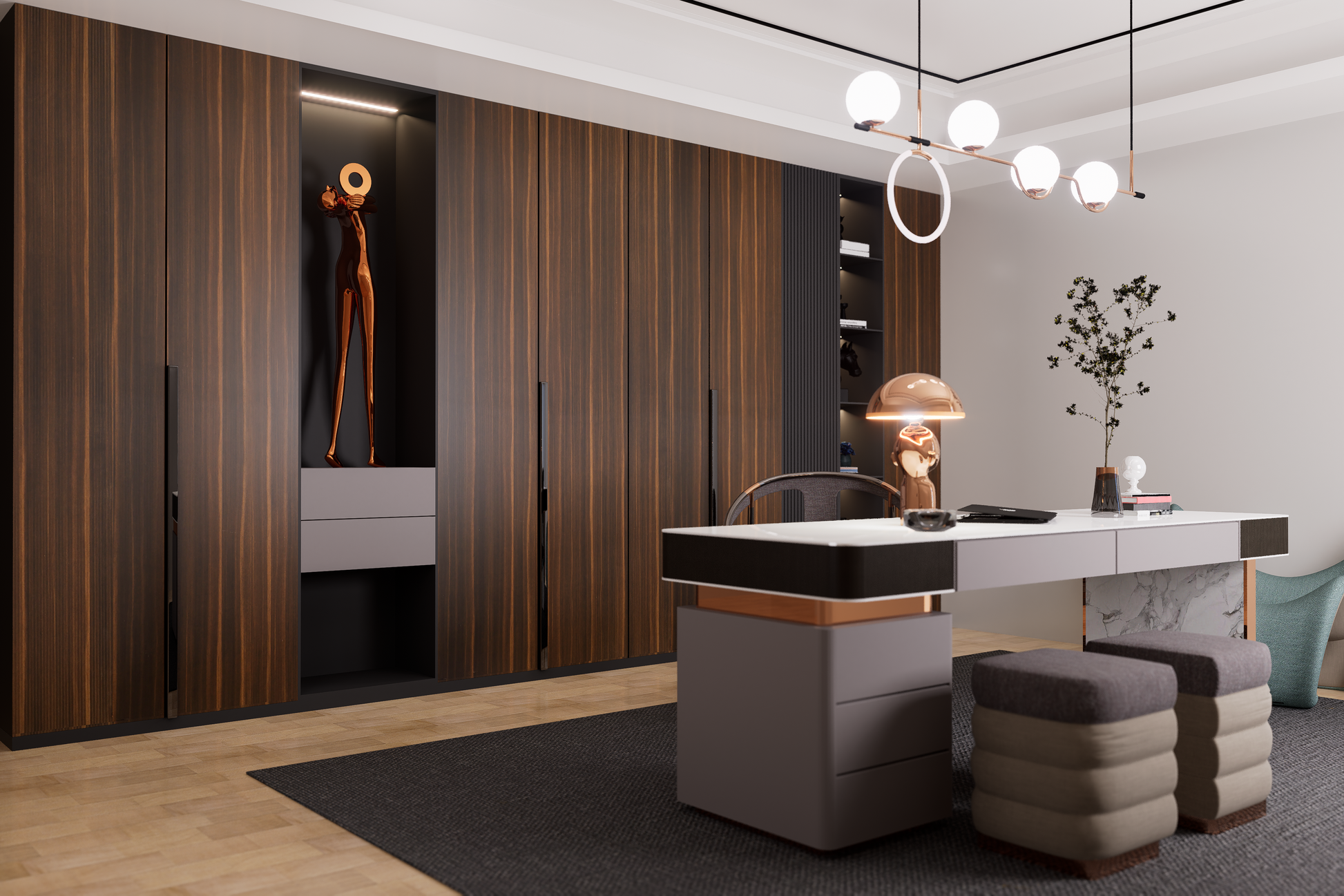 Brown wood grain laminate closet doors with glossy finish in a modern room setting with minimalist decor.