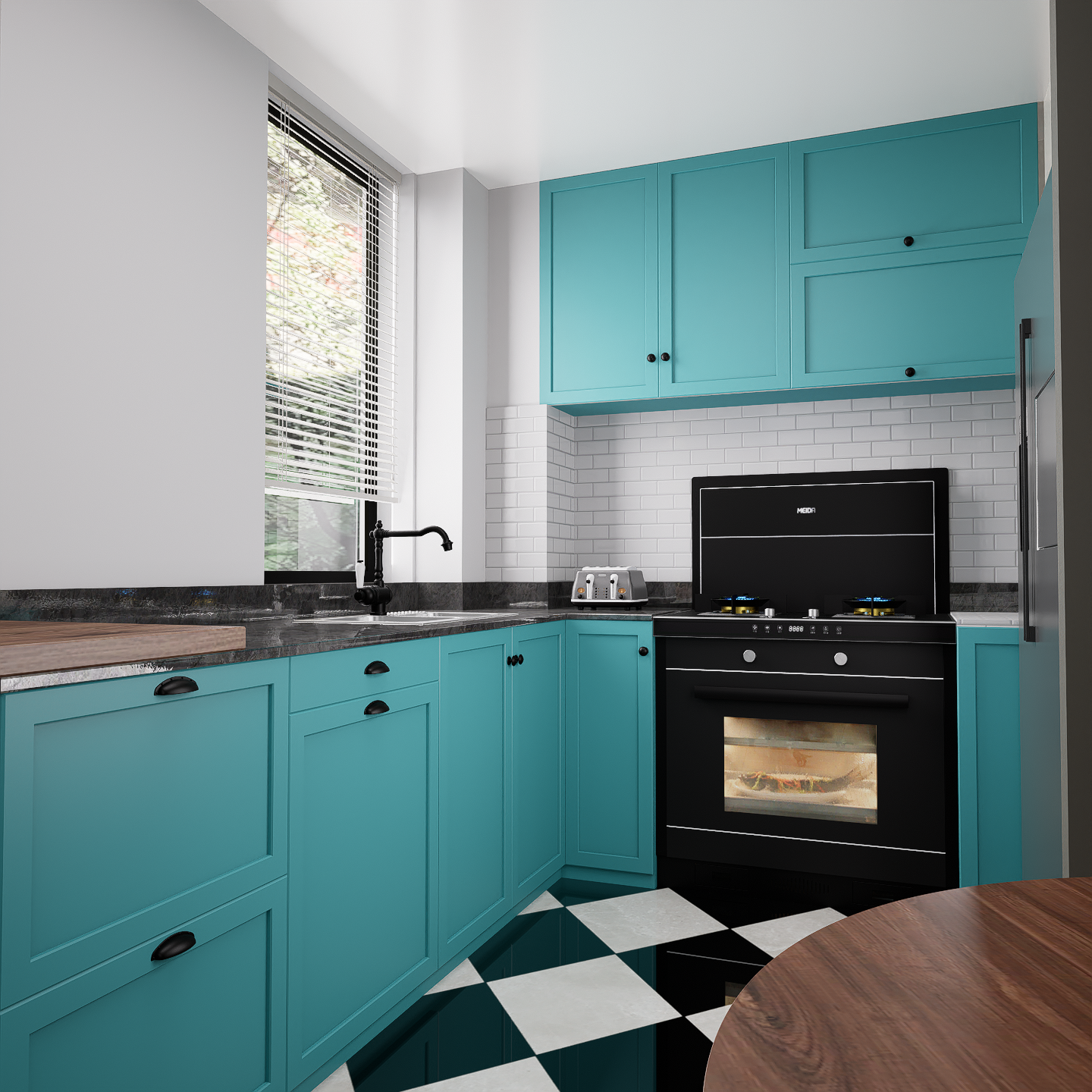 Blue laminate kitchen cabinets with high gloss finish in a modern kitchen setting with black appliances and checkered floor