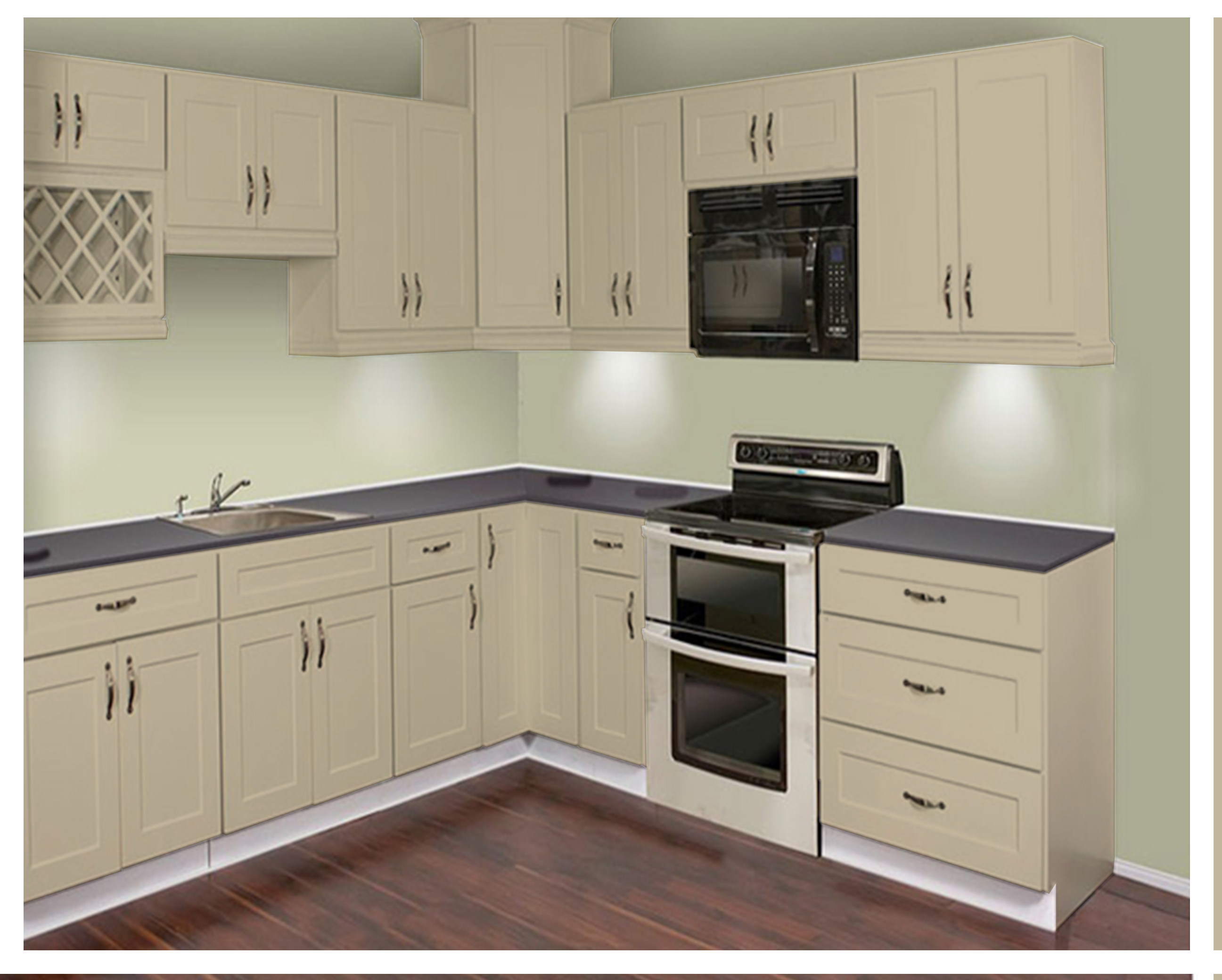 Beige laminate kitchen cabinets with black countertops and stainless steel appliances in a modern kitchen setup.