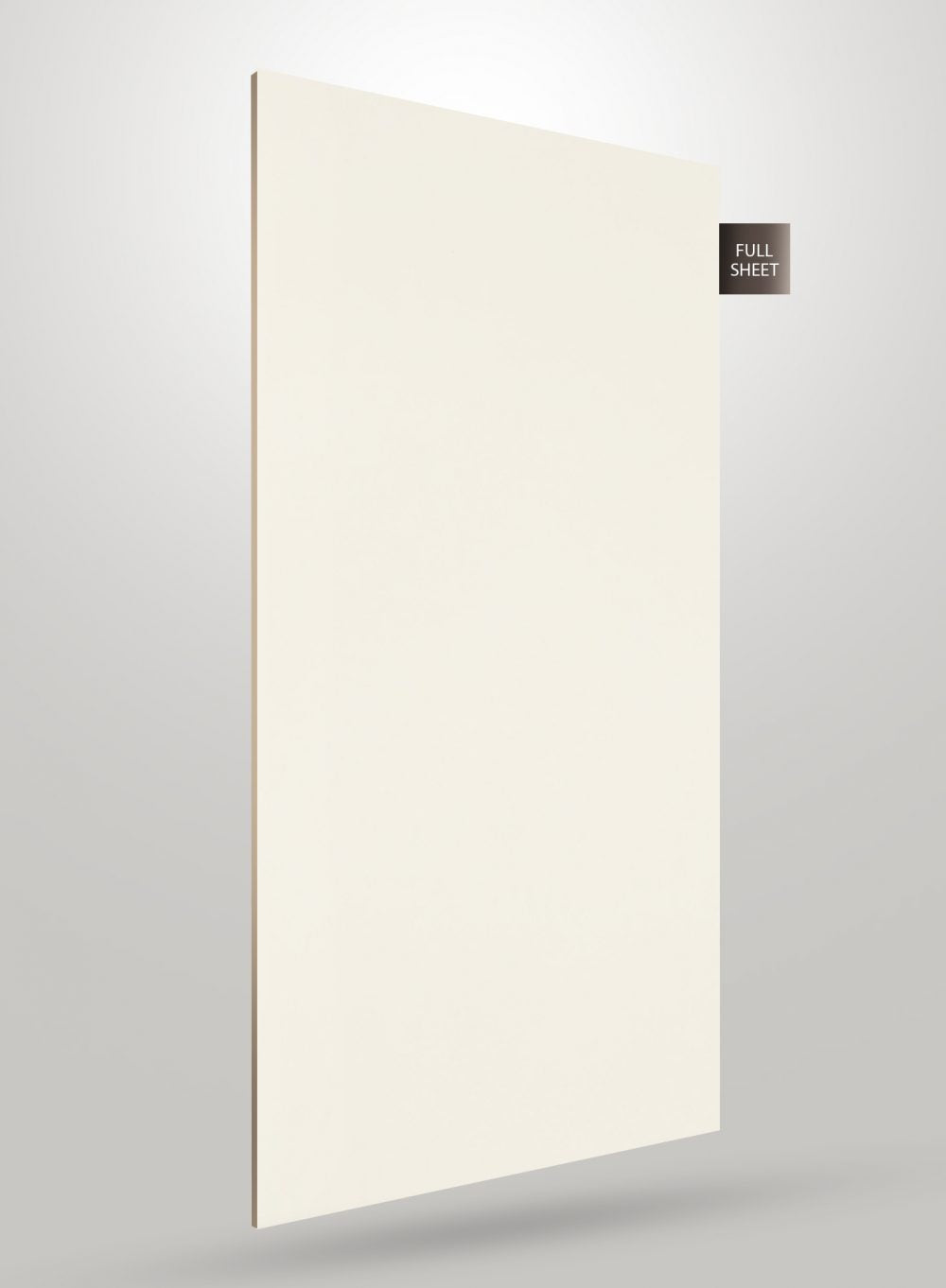 Ivory solid colour laminate sheet with glossy finish and smooth surface displayed at an angle with full sheet label.