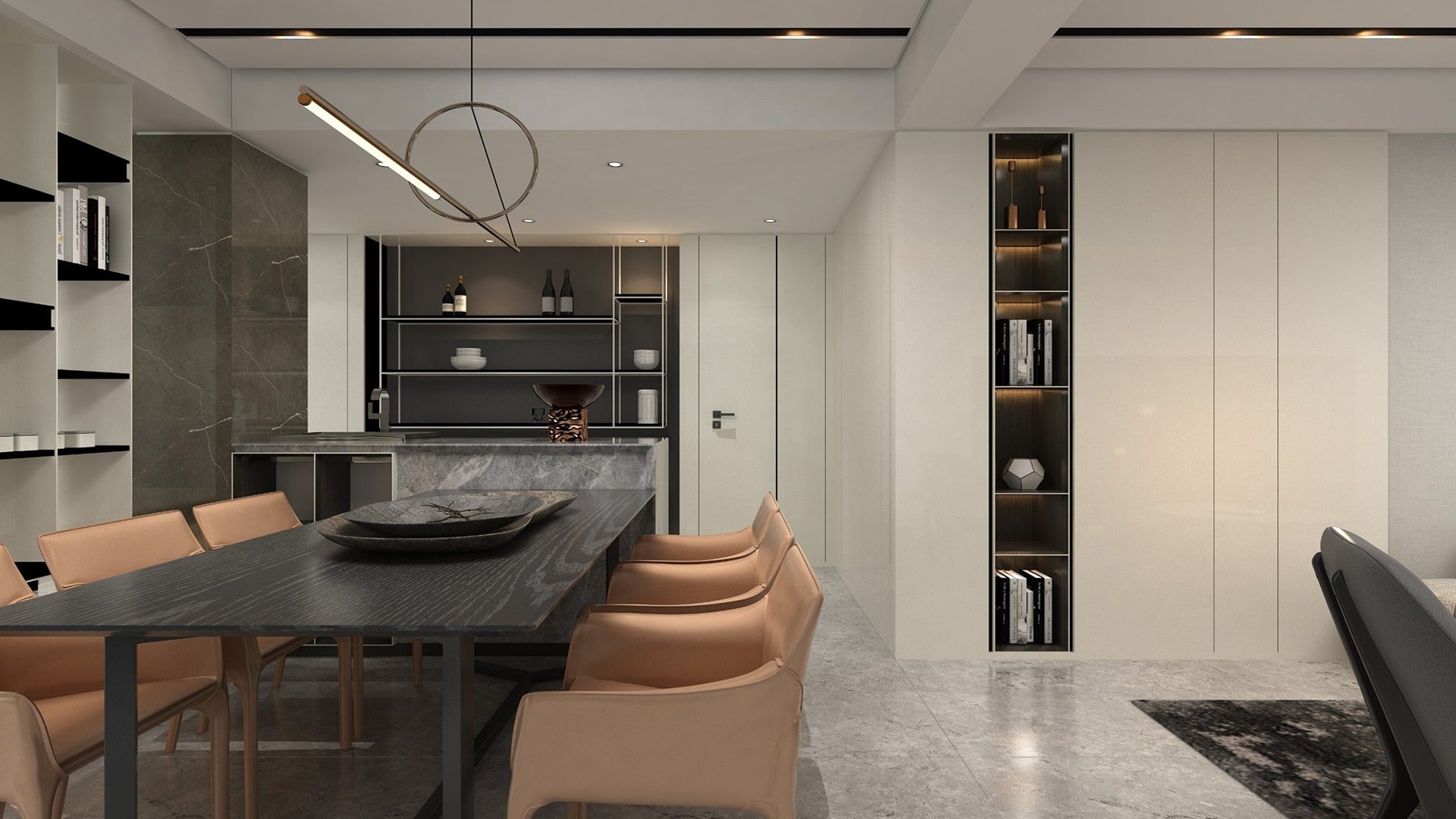 Ivory high gloss laminate used on wall panels in modern dining room with minimalist decor and sleek furniture.