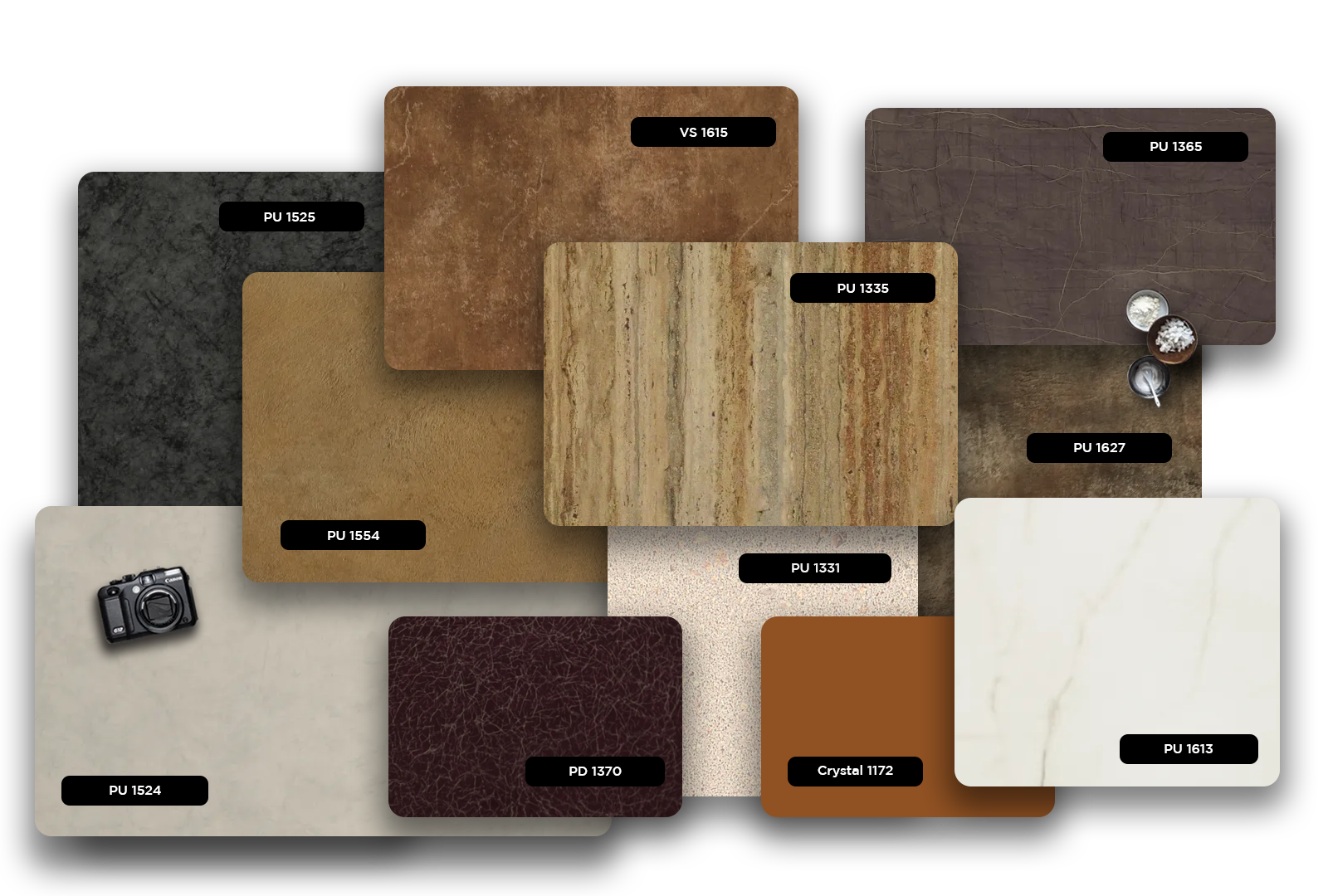 Multi-coloured marble and stone laminate samples with glossy finish and various textures displayed together.