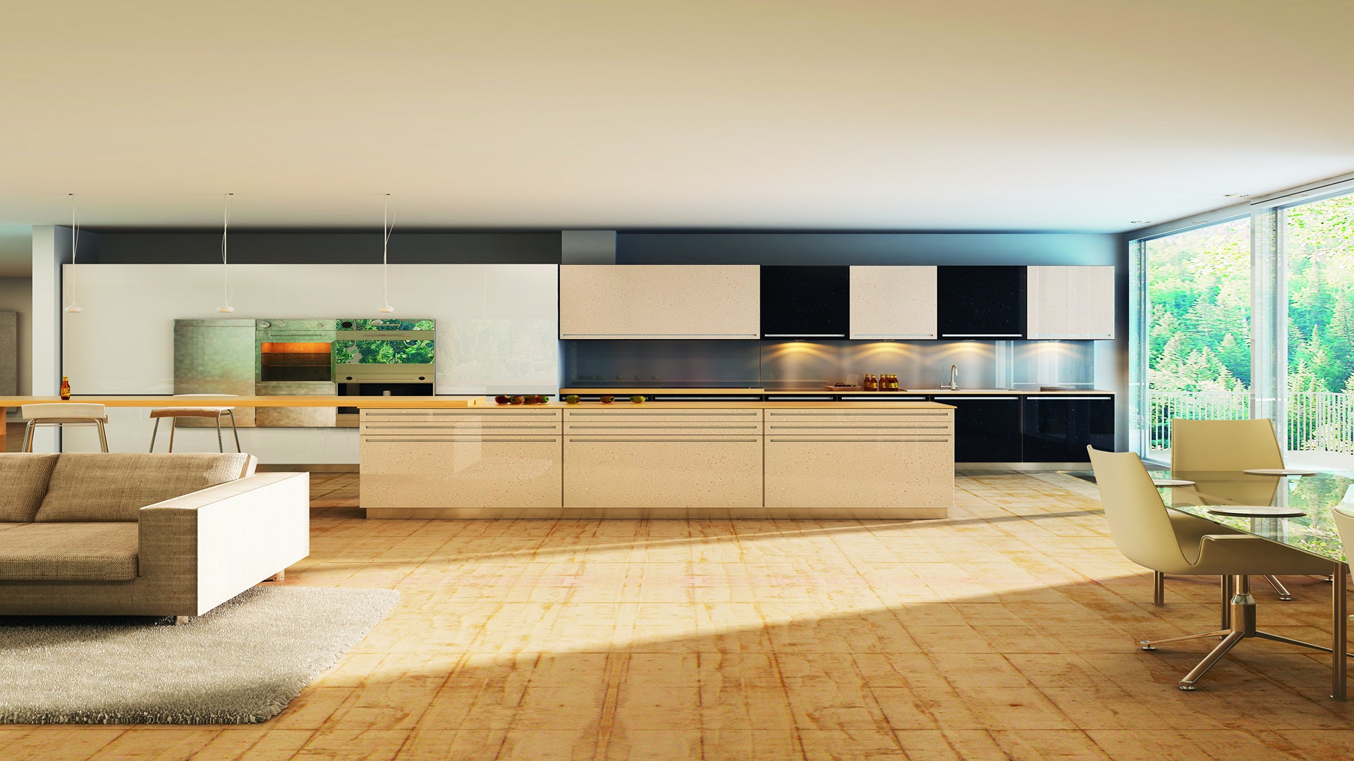 Marble laminate kitchen with high gloss finish and beige cabinets, featuring a sleek island and modern dining area.