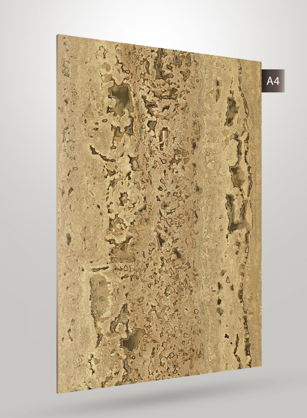 Beige travertine laminate with porous texture and dark veins, high gloss finish, decorative stone design.