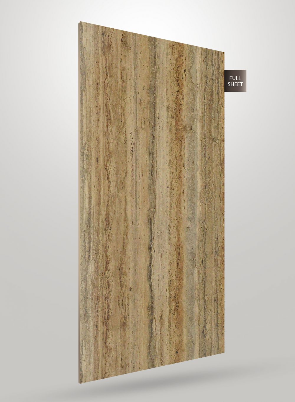 Beige marble laminate sheet with vertical veining and high gloss finish, decorative interior material for wall or furniture