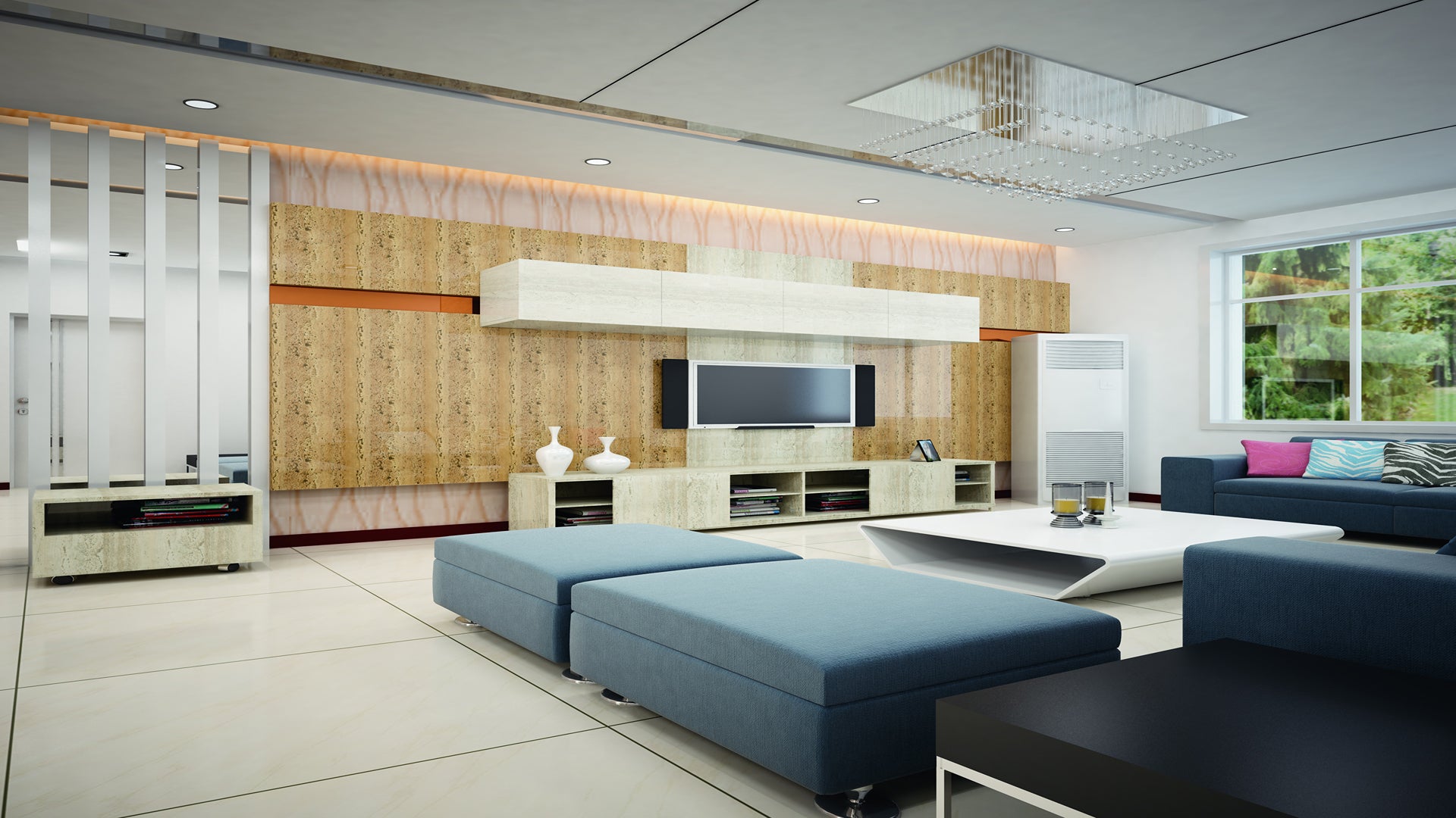 Multi-coloured marble laminate wall with glossy finish and veining pattern in a modern living room setting with blue