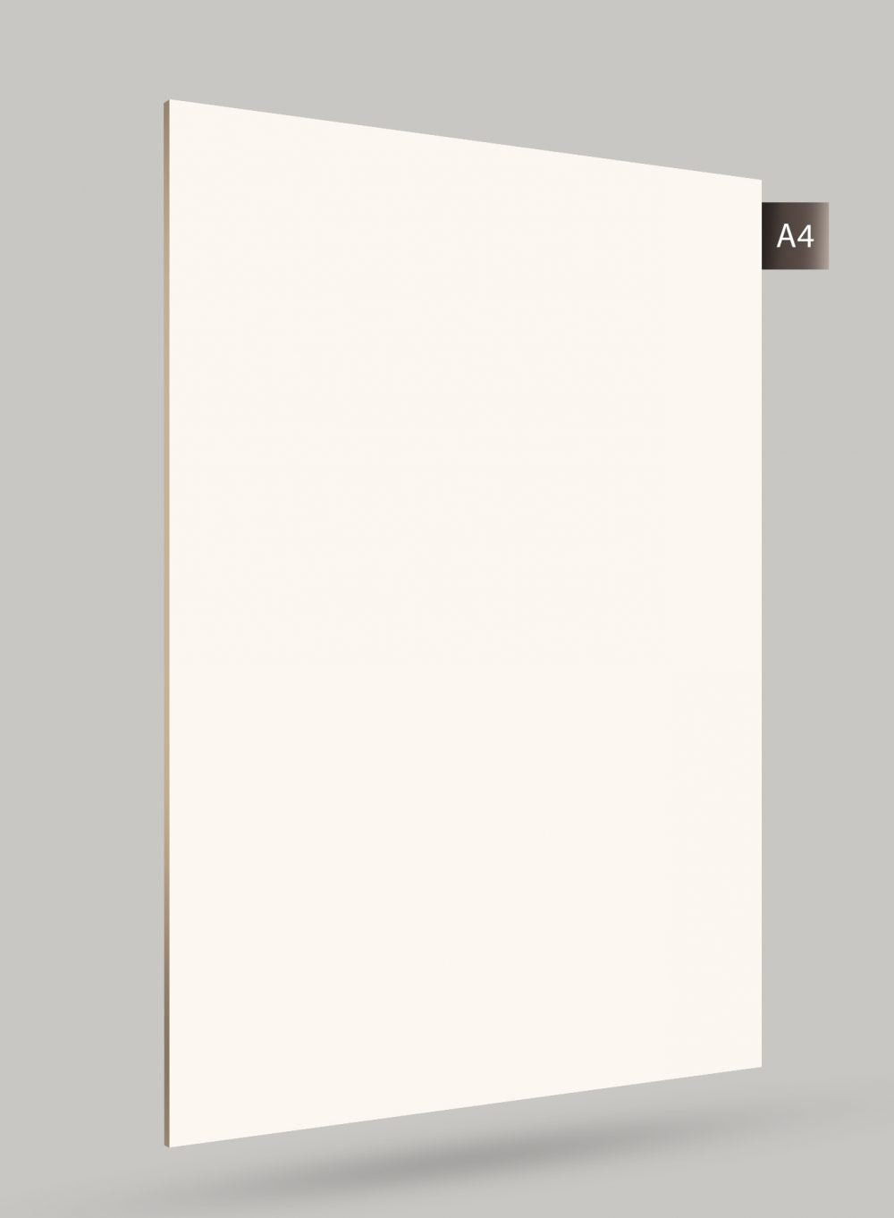 White high gloss solid colour laminate sheet with smooth finish and subtle shadow effect on grey background.