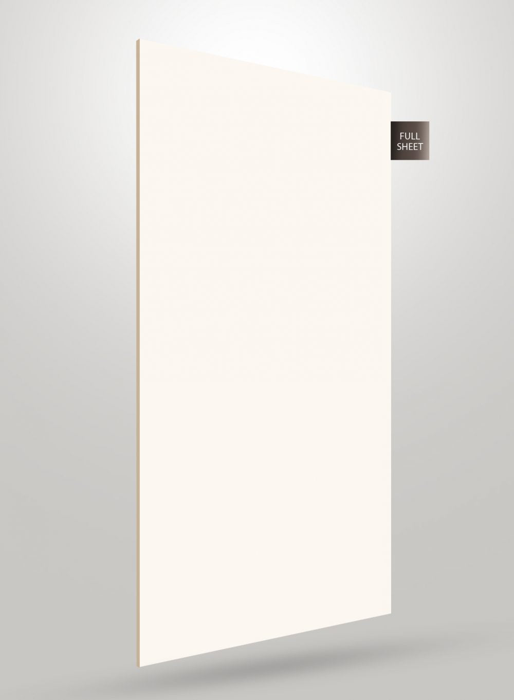 White decorative laminate sheet with high gloss finish and smooth surface, shown standing upright with visible edge.