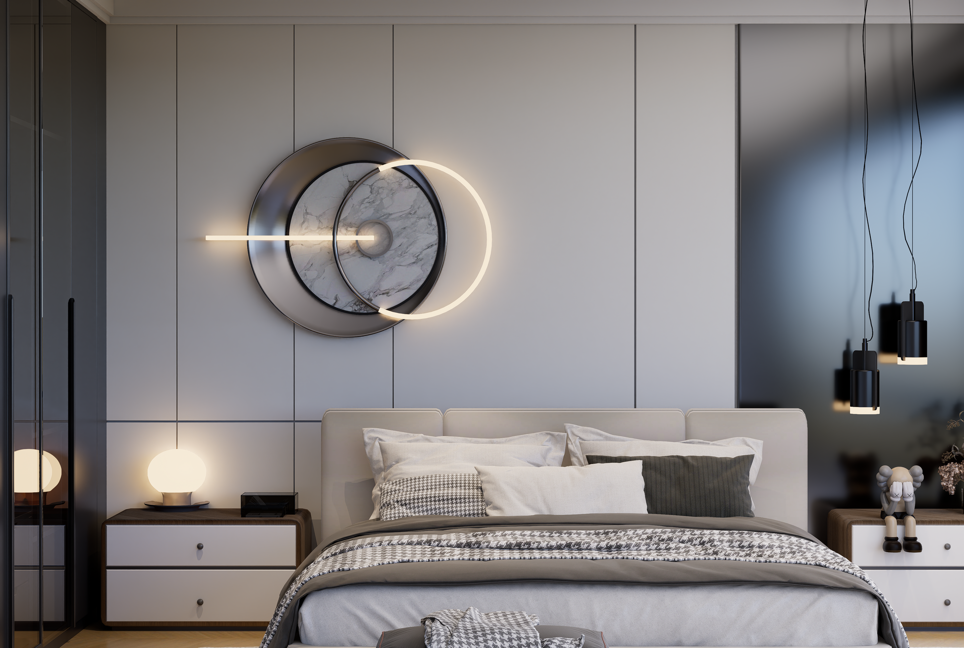 White high gloss solid colour laminate wall panels in modern bedroom interior with decorative lighting and furniture