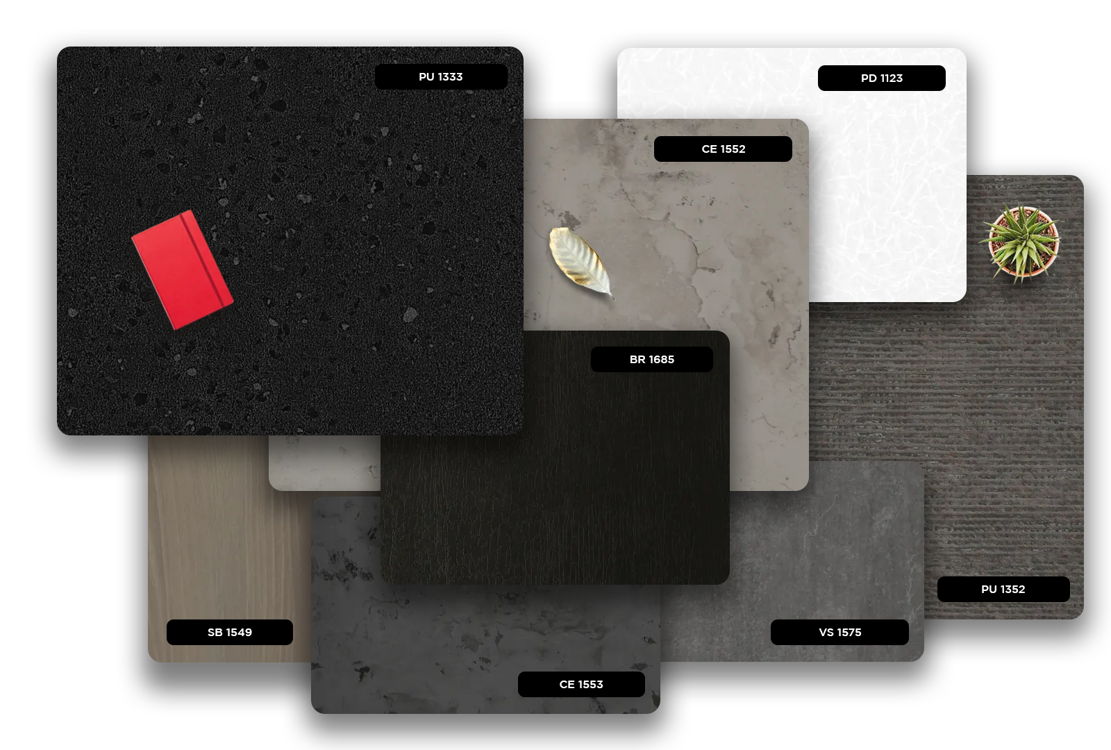 Multicolored high gloss luxury laminate with various patterns and textures, showcasing different designs and finishes for