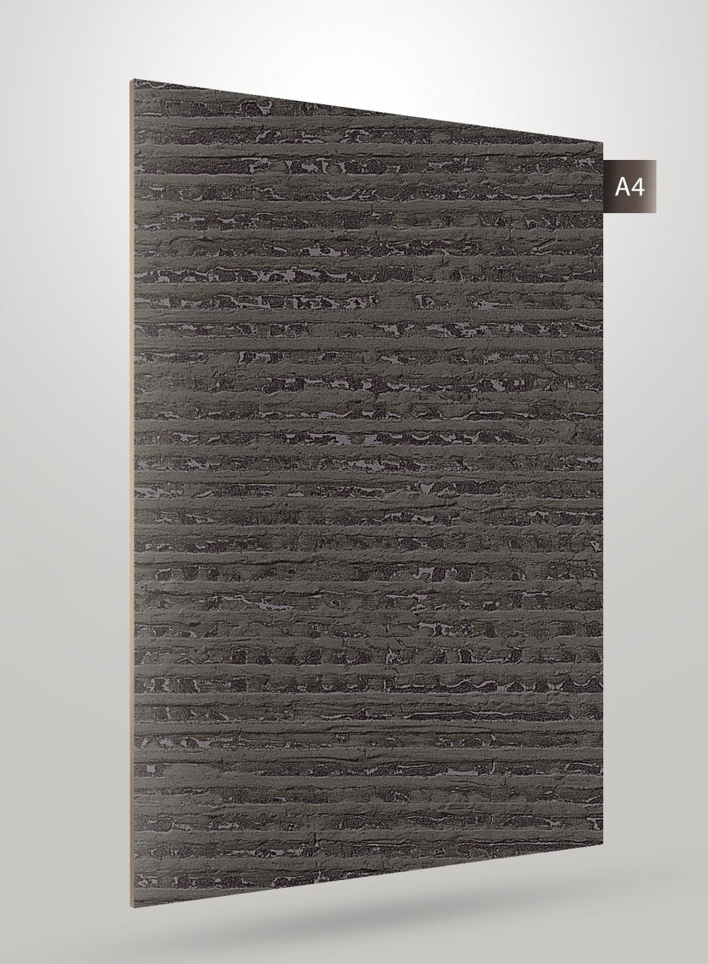 Dark grey luxury laminate with textured wood grain pattern and high gloss finish, angled to show thickness.